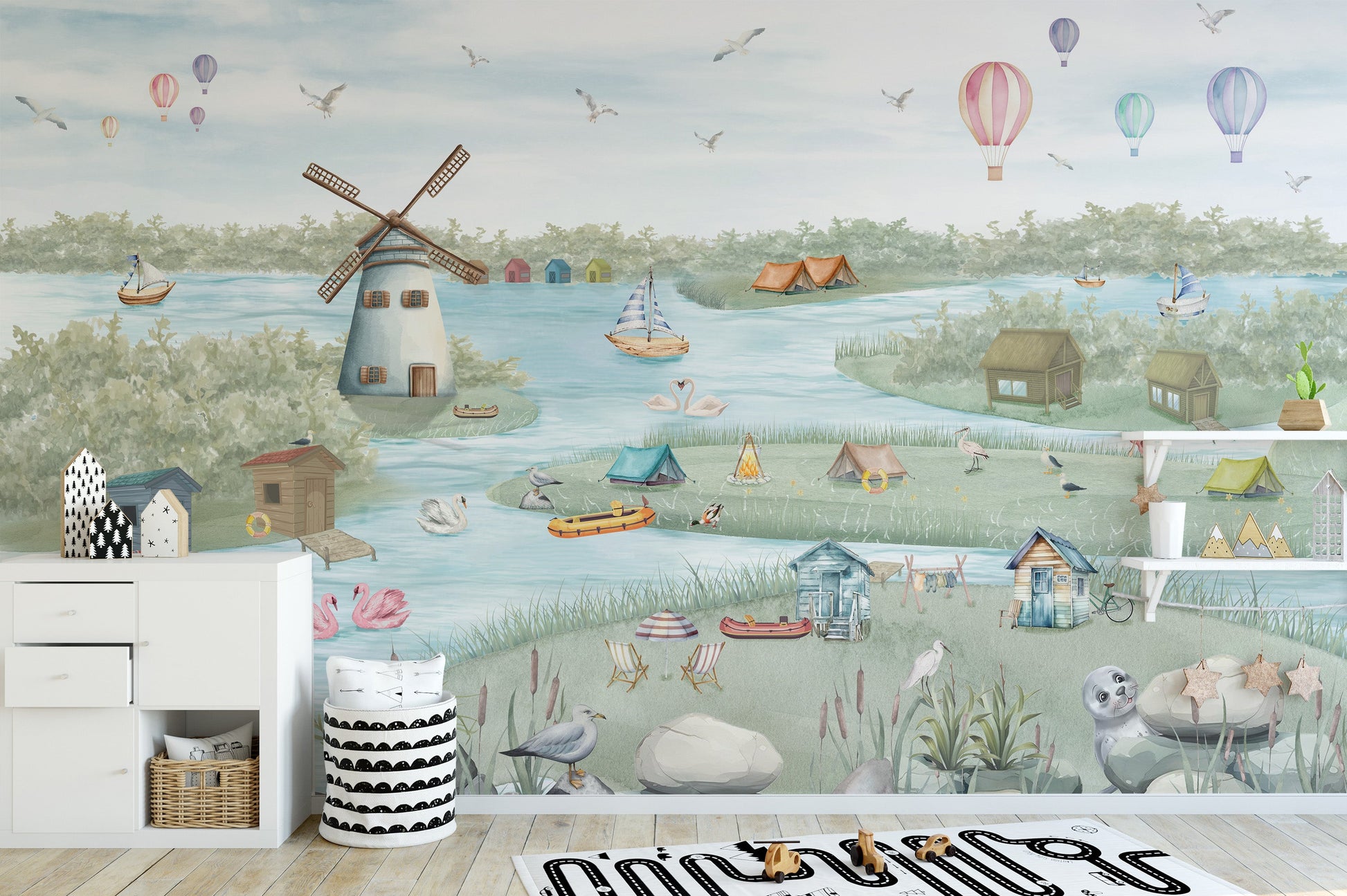 Children's wallpaper with coastal scenery