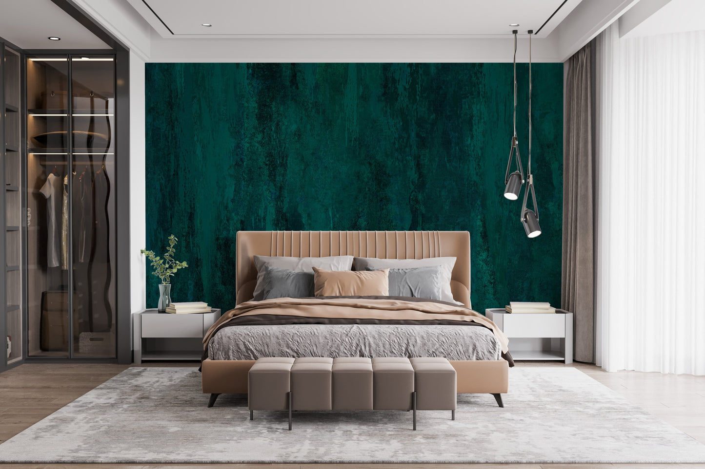 Rich teal grunge wallpaper adds depth to your bedroom