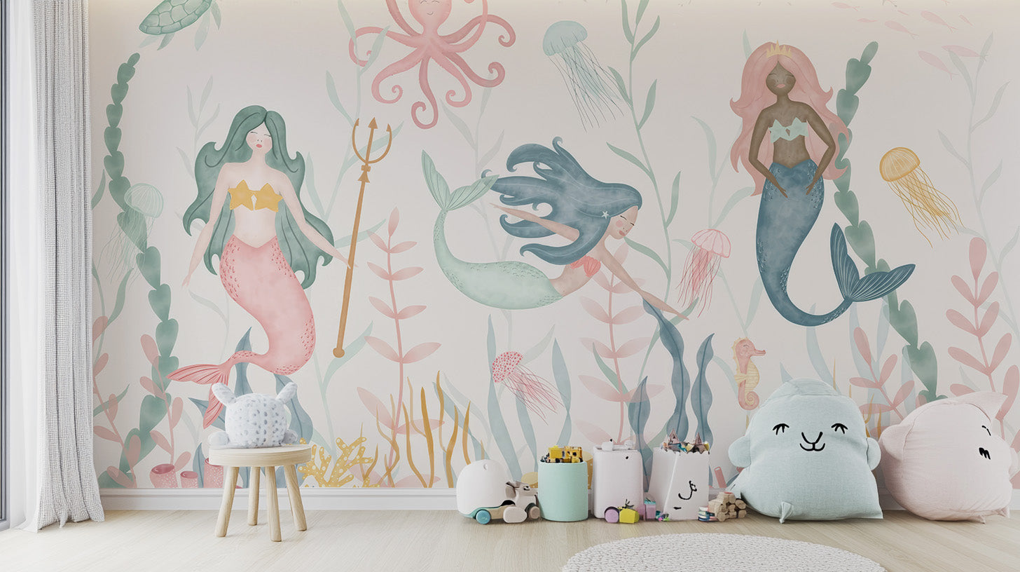 Artistic dreamy aquatic wallpaper mural for kids' creative spaces.