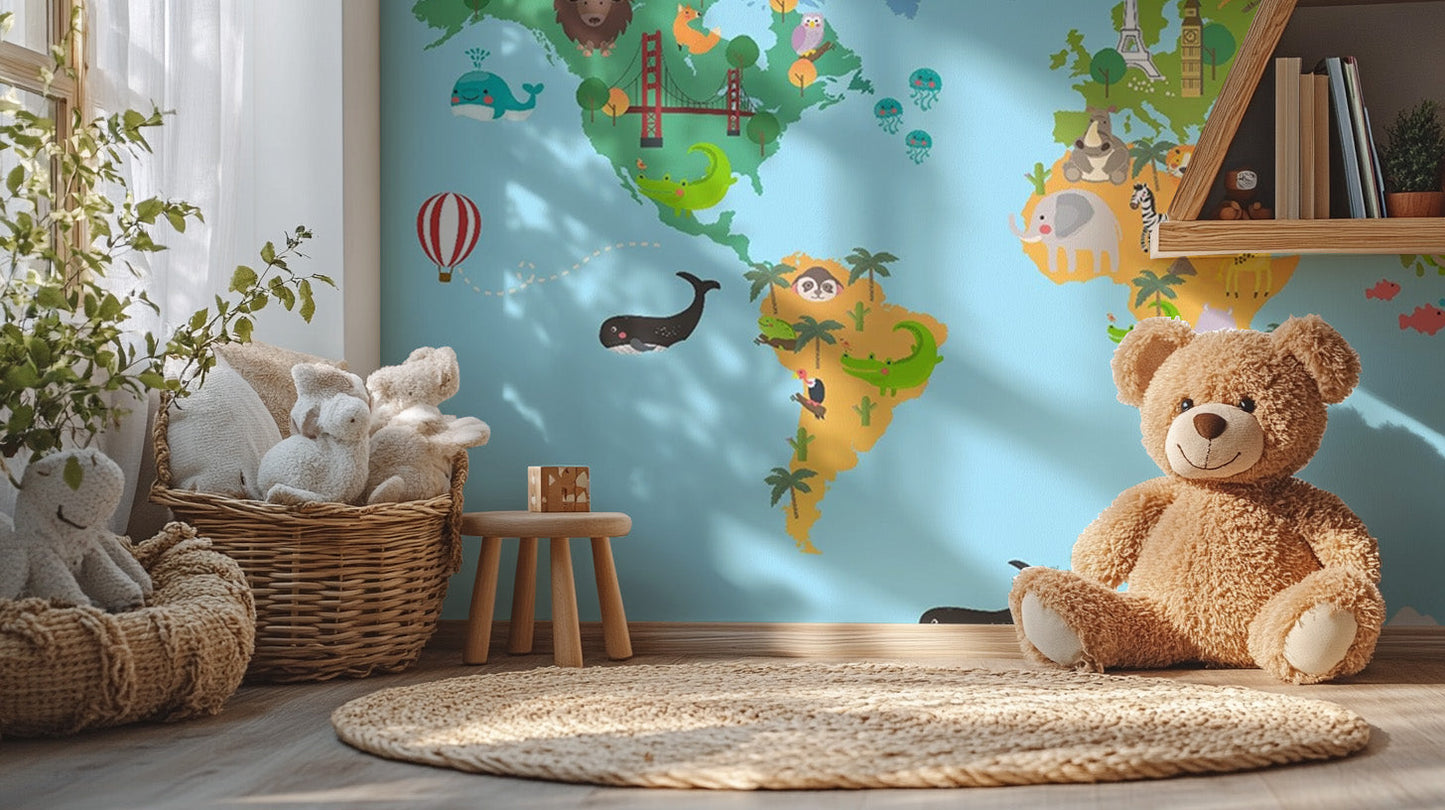 Kids World Map Animal Wallpaper Mural - Giffywalls