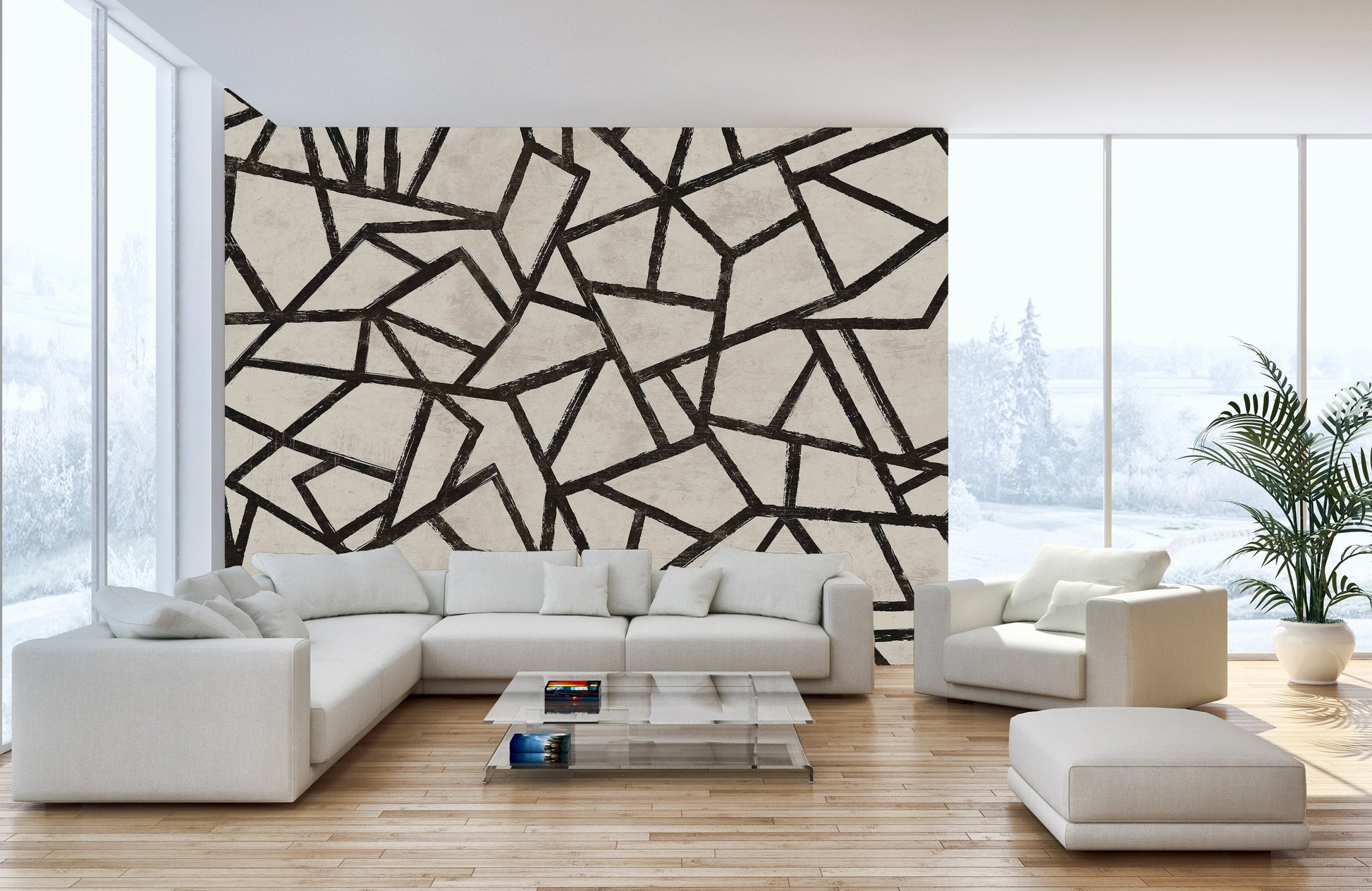 Geometric pattern mural creates a cozy living room feel