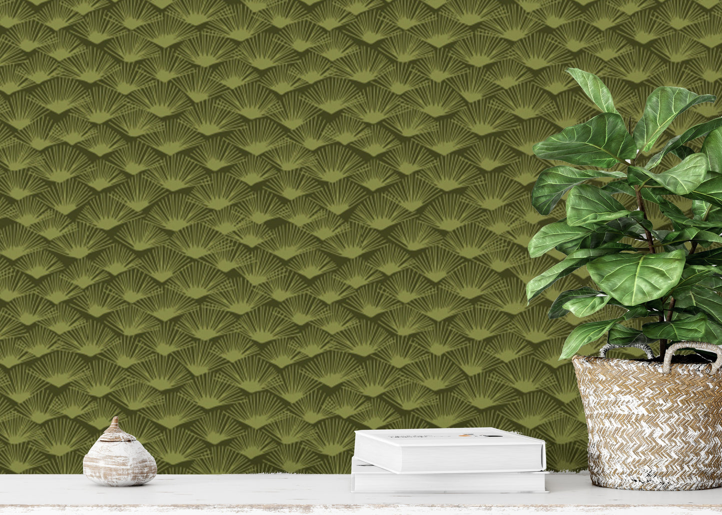 Artful Mystic Moss Fanfare wallpaper with nature-inspired fans.
