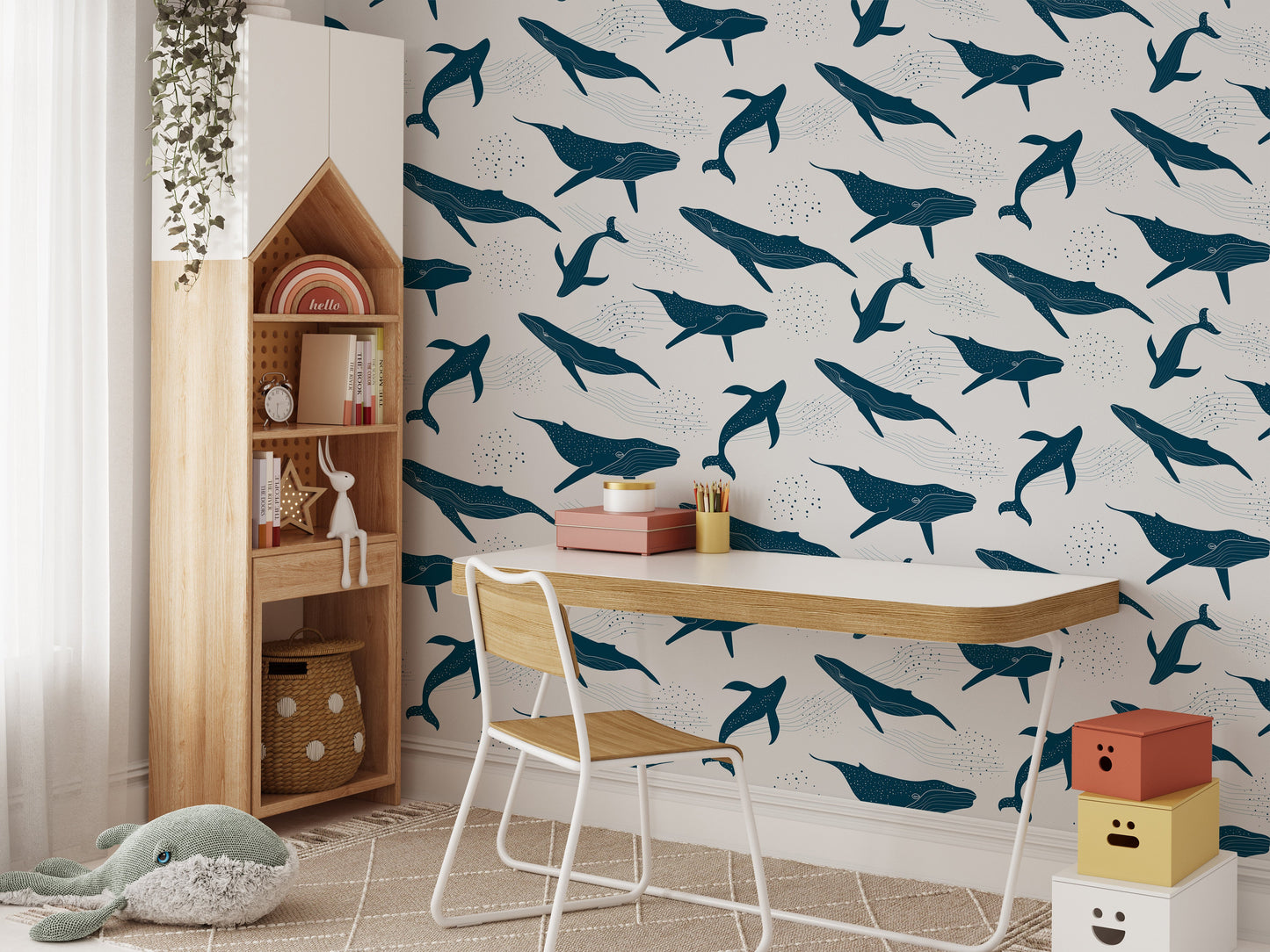 Sophisticated blue whale mural design