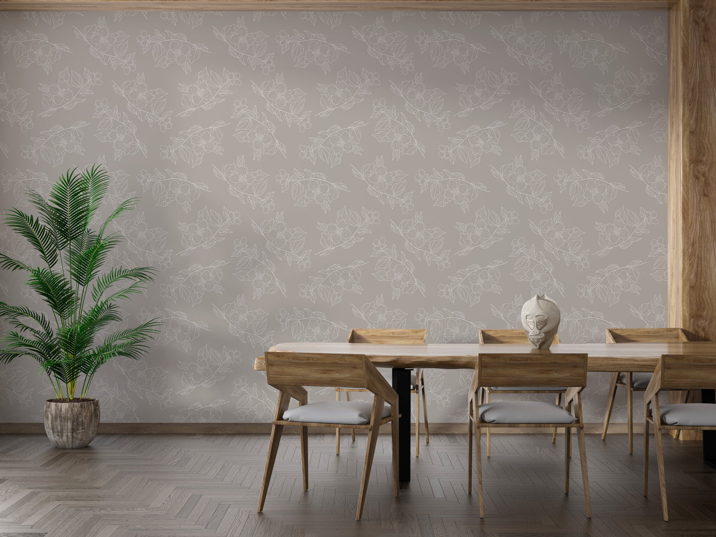 Jasmine and leaves wallpaper in neutral hues