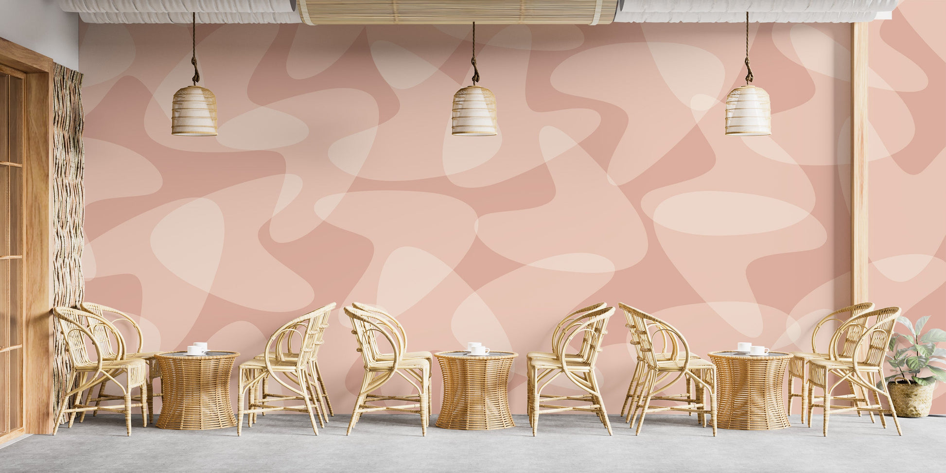 Warm peach wallpaper with retro boomerang shapes