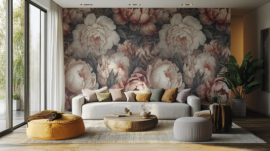 Peony Flower Wallpaper Mural in soft colors for living room