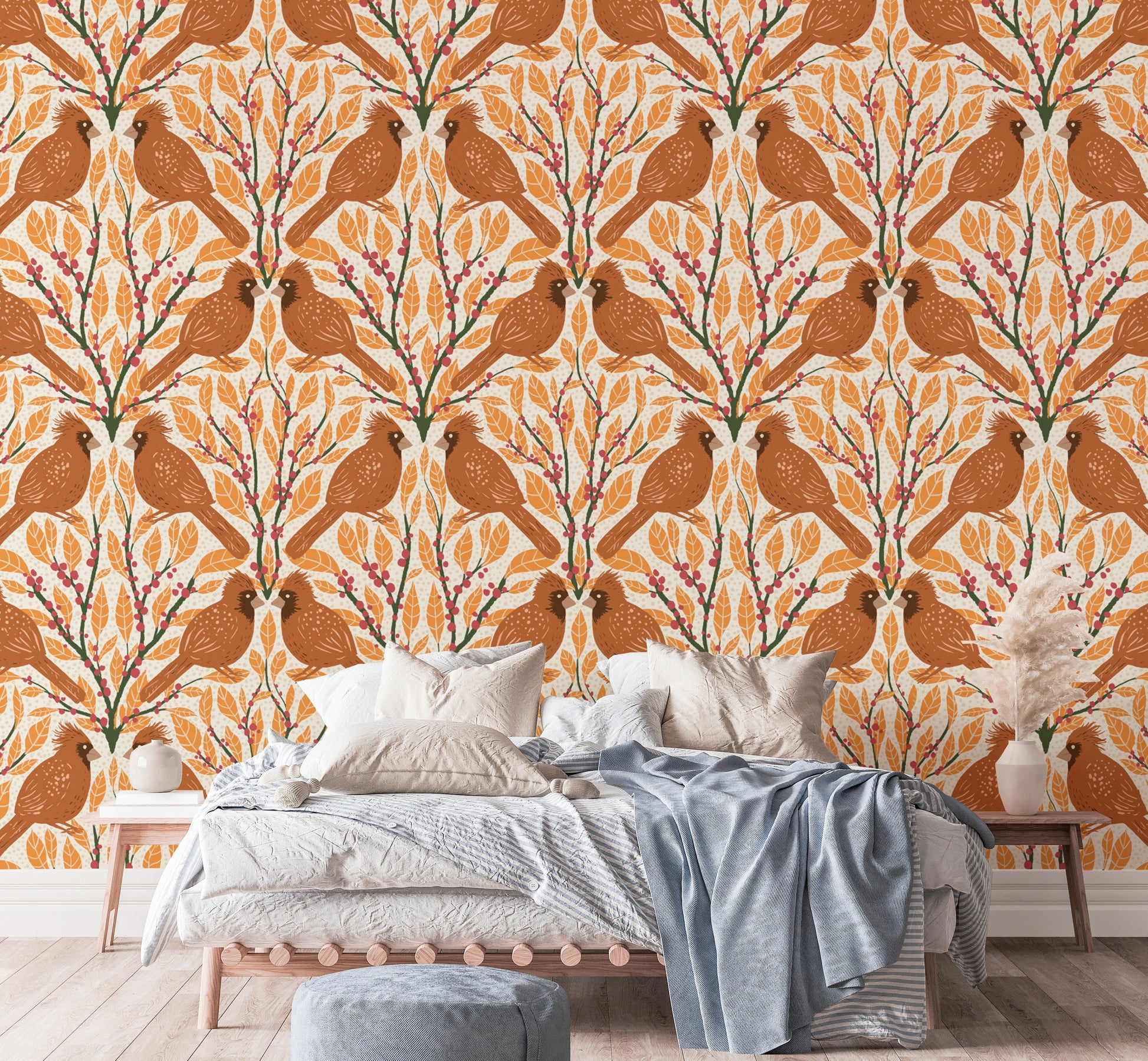 Bright yellow cardinals wallpaper mural for vibrant interiors.