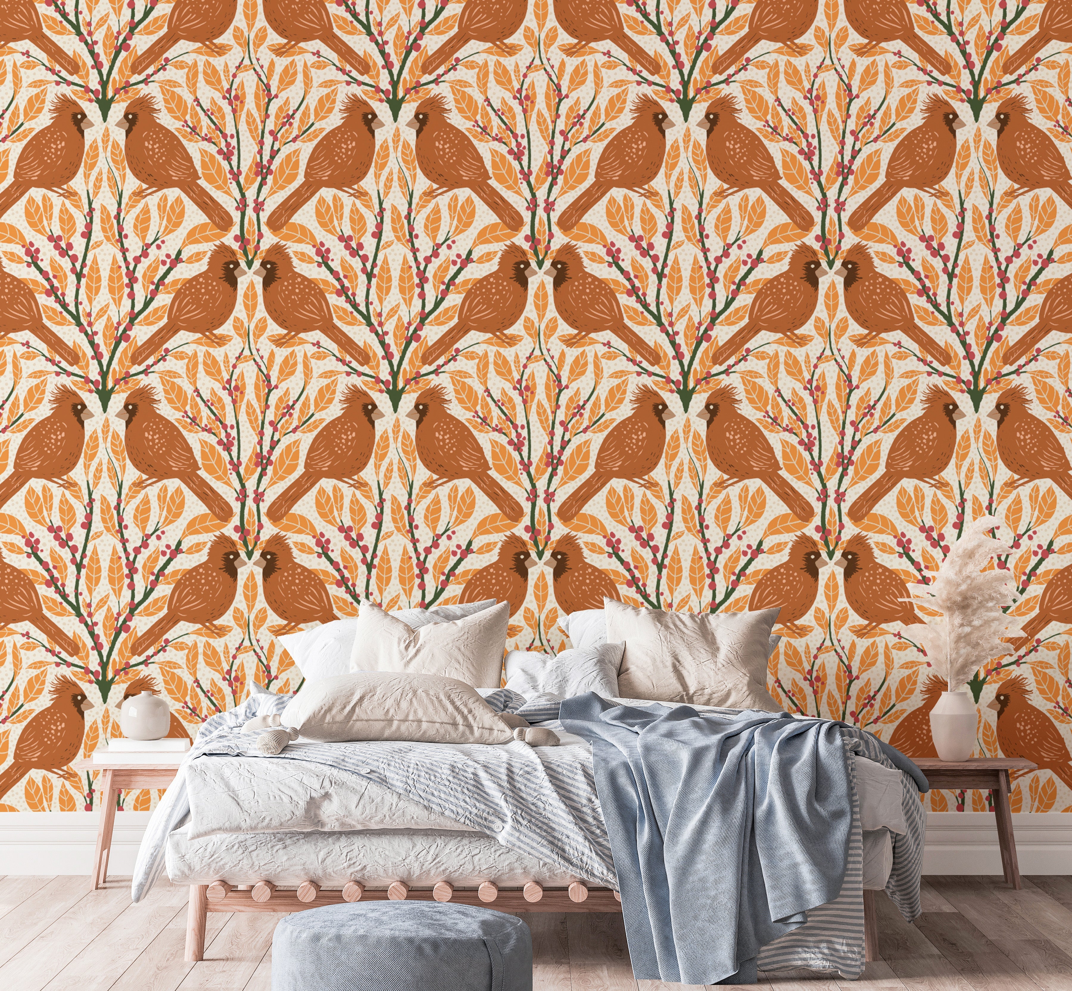 Bright yellow cardinals wallpaper mural for vibrant interiors.