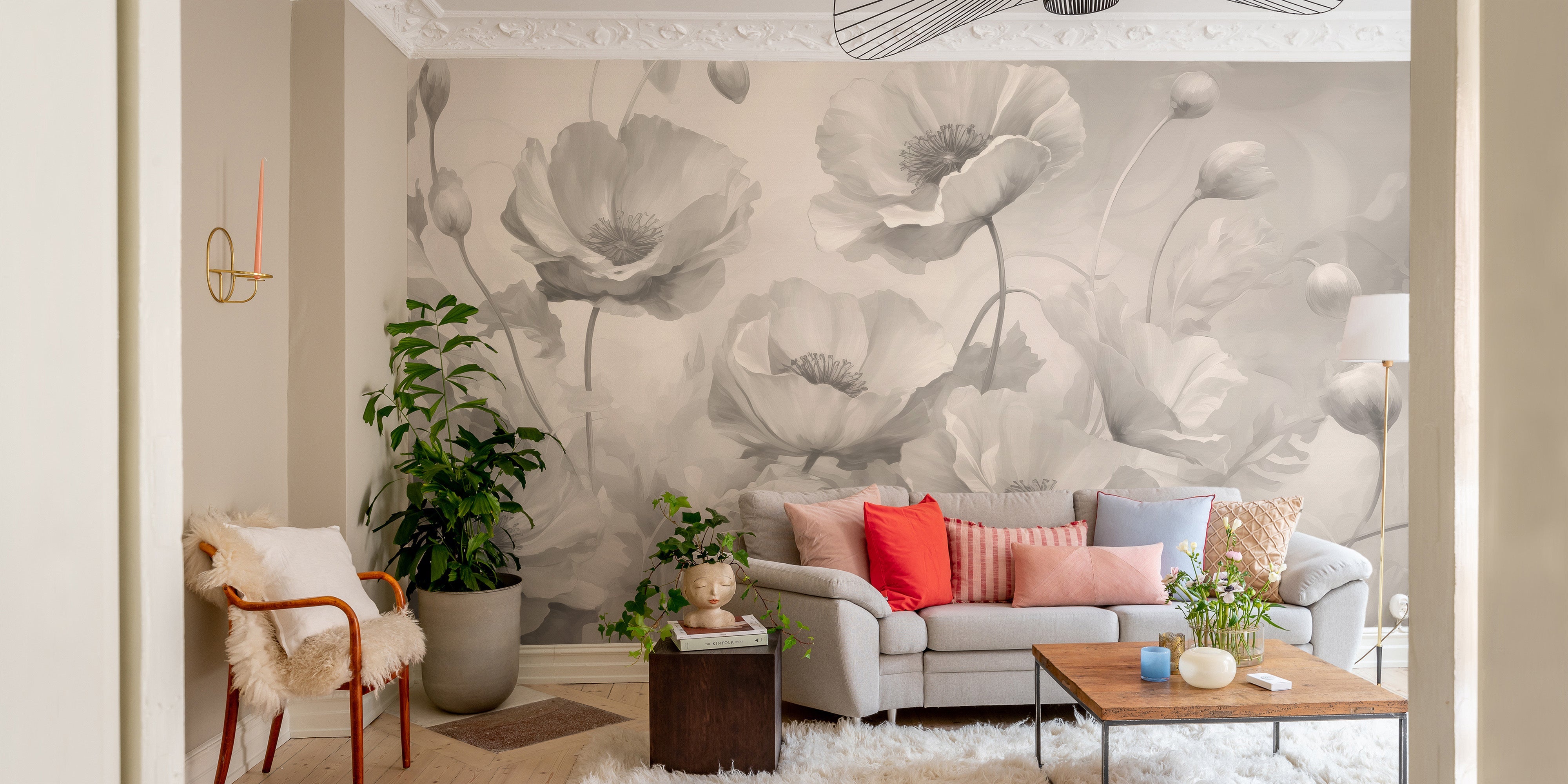 Soft grey floral peel and stick wallpaper for a calming, serene decor.