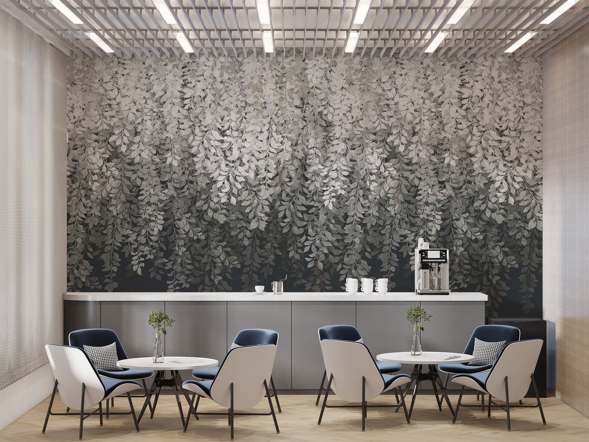 Minimalist grey leaf mural art
