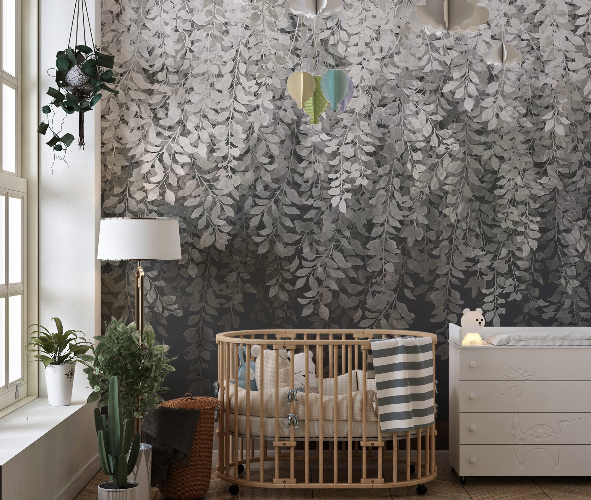 Elegant hanging grey leaves mural
