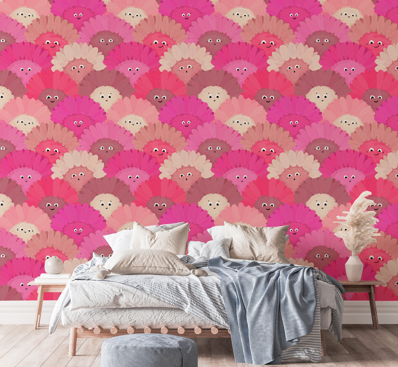 Adorable cute pink flower faces wallpaper for playful interiors.
