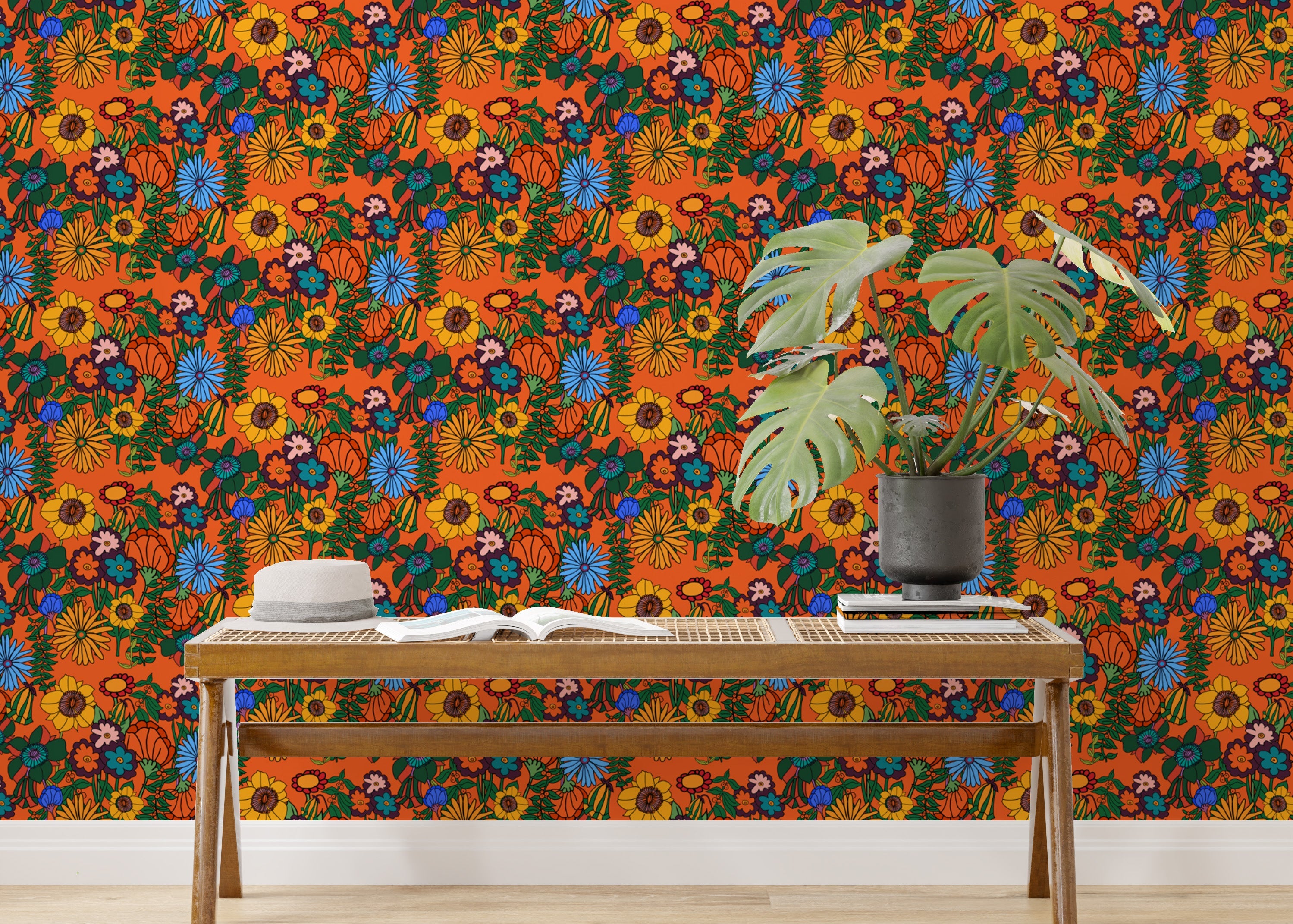 Unique Retro 60s Floral Orange Wallpaper for bold spaces