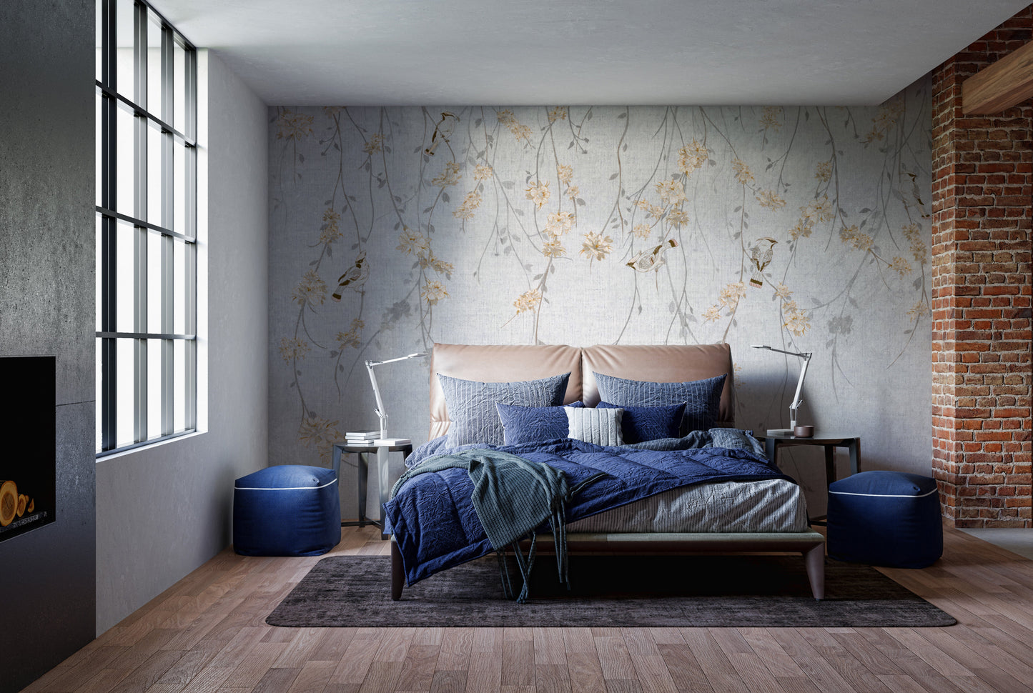 Sophisticated leafy branch mural with elegant bird patterns.
