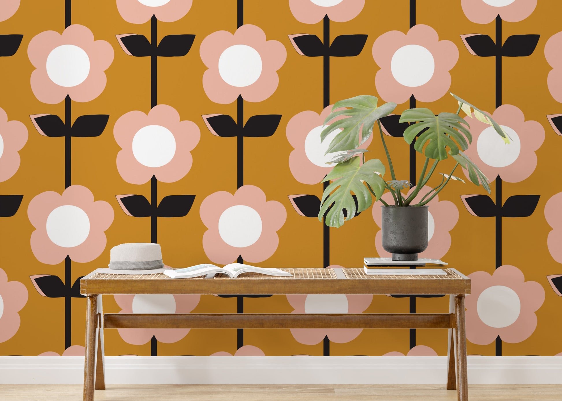 Sophisticated Flower Mustard Design Retro Wallpaper design