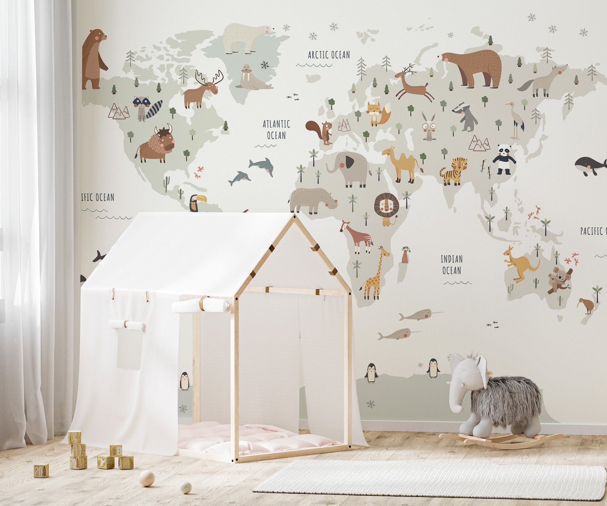 Nursery wallpaper of wildlife and continents
