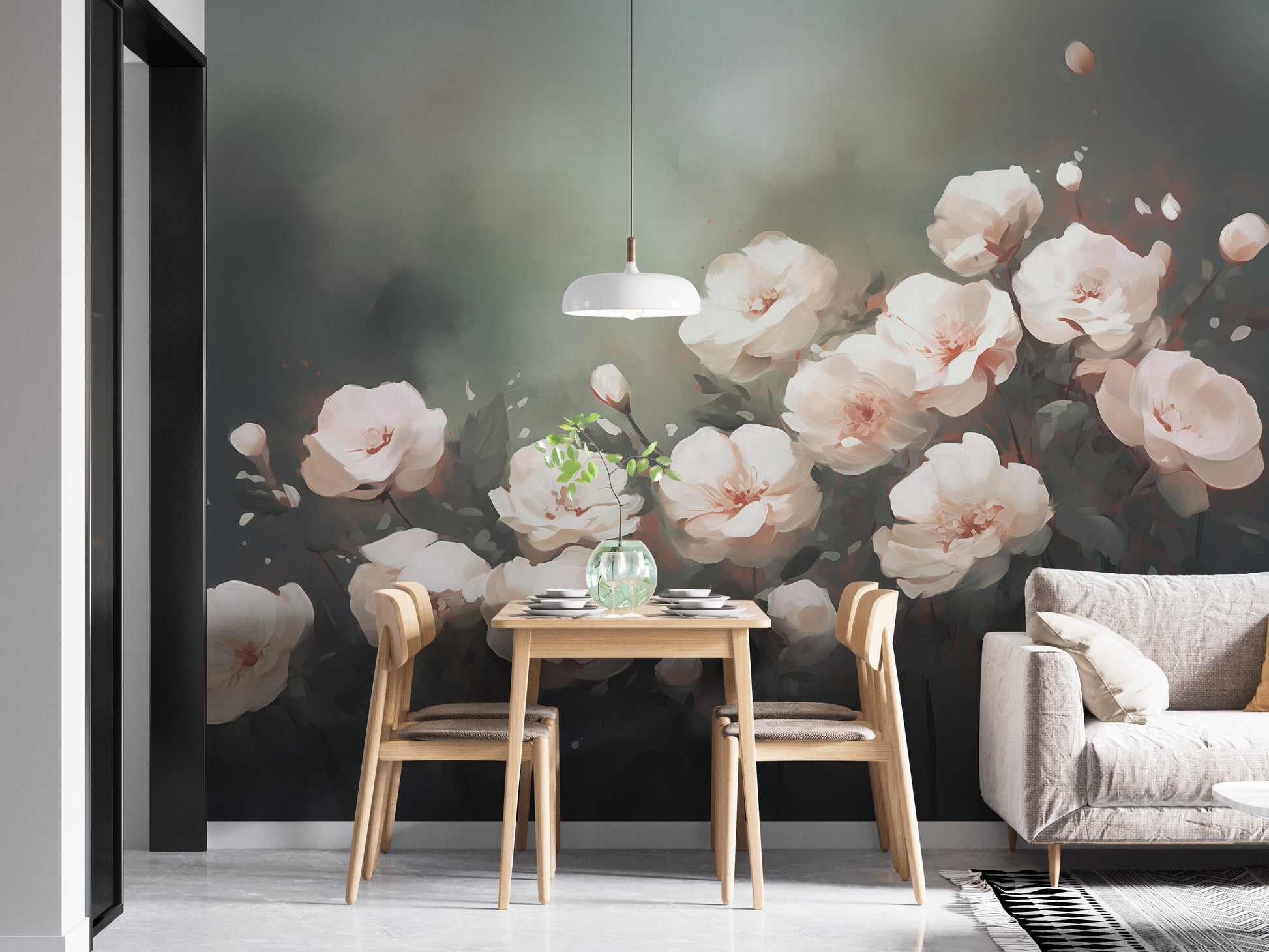 Bring beauty to your room with floating white roses mural wallpaper.