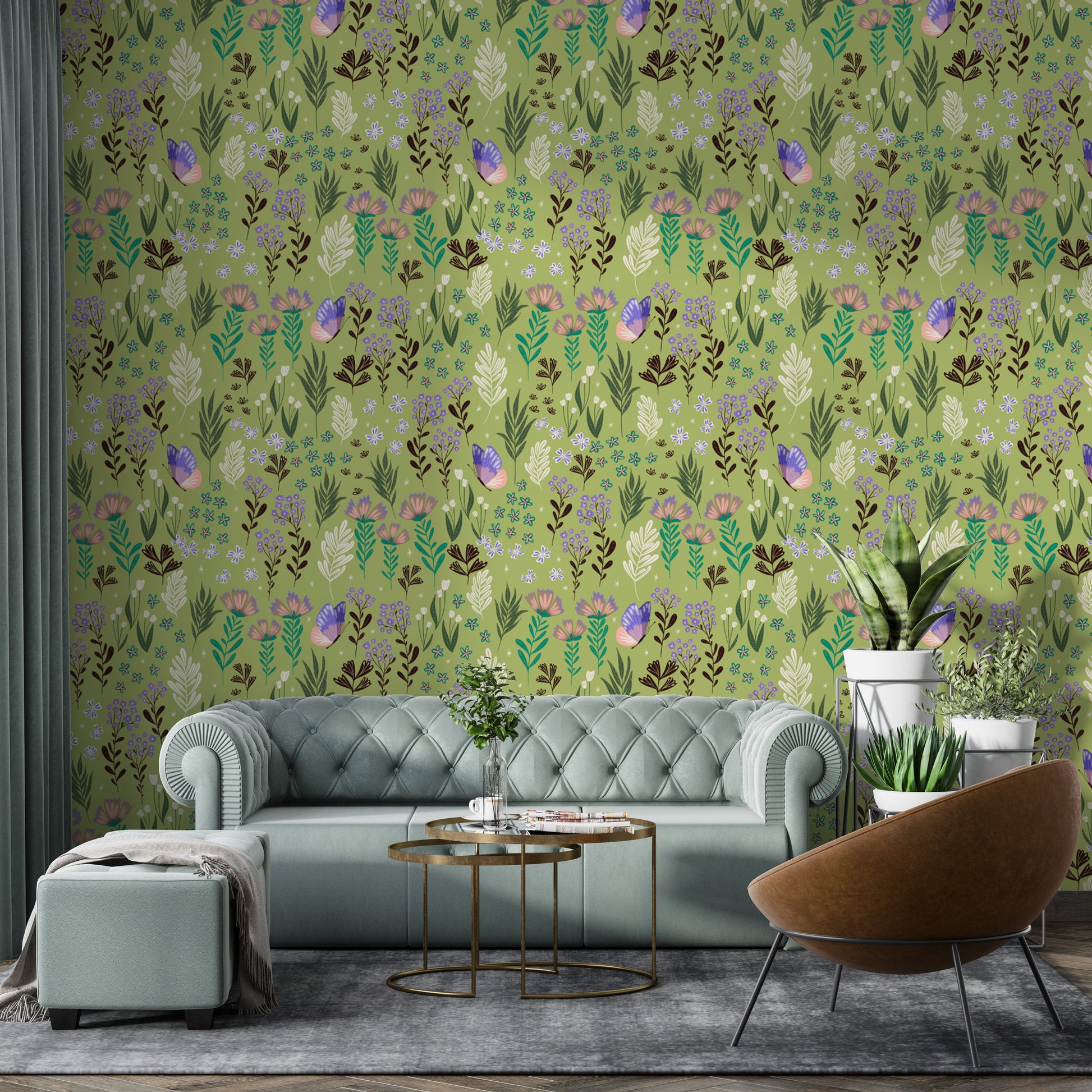 Lush butterfly meadow wallpaper with intricate green foliage.