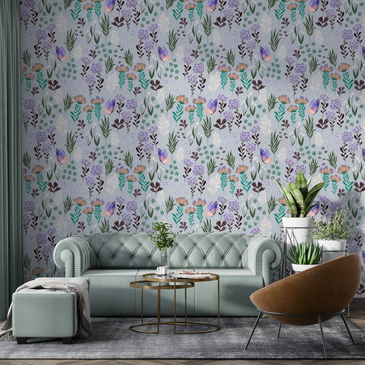 Nature-inspired butterfly meadow wallpaper with soothing purple shades.