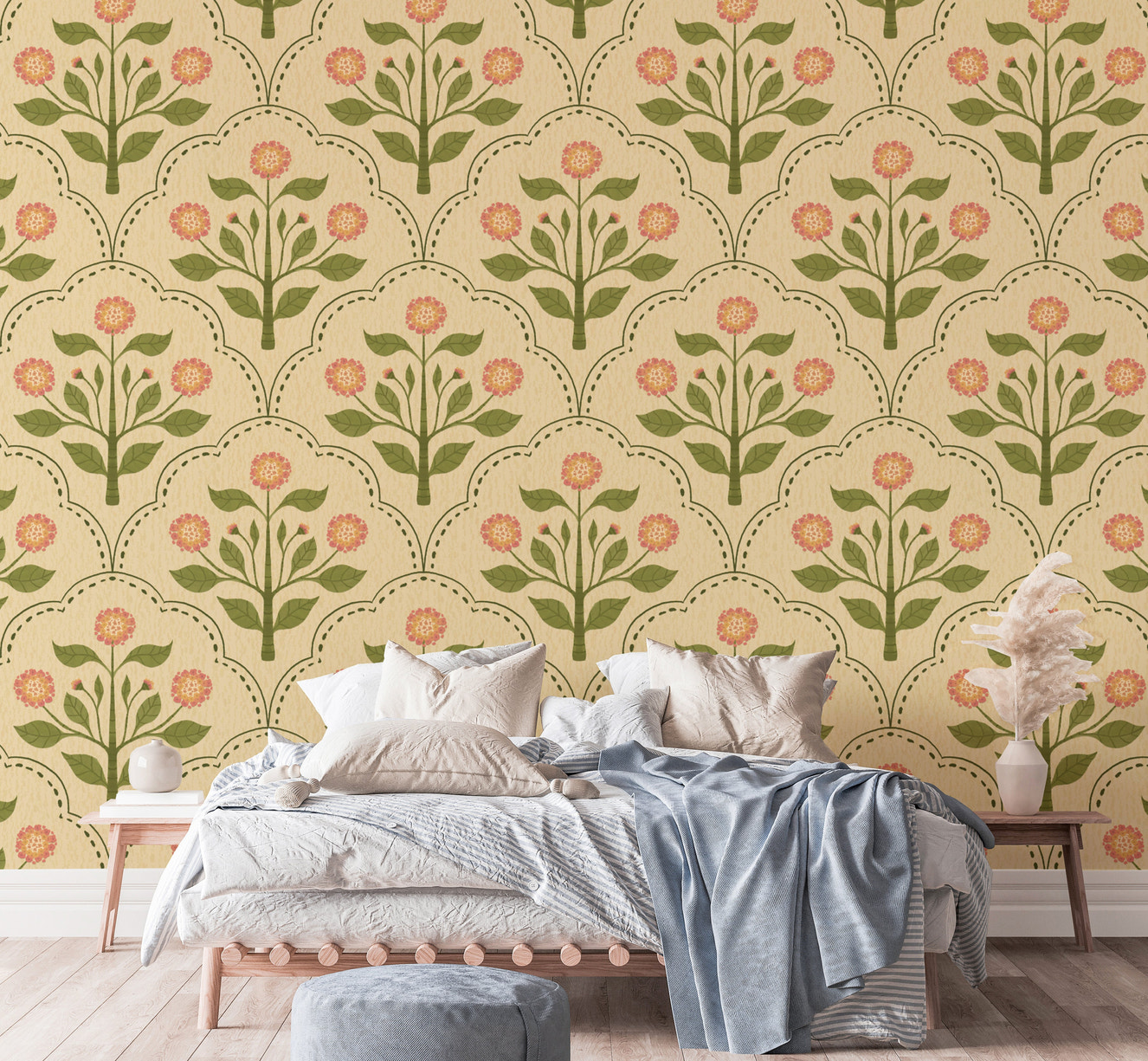 Vintage floral wallpaper with pink lantana flowers
