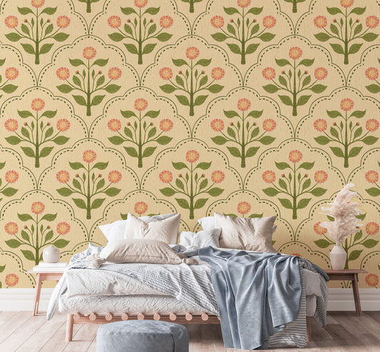 Vintage floral wallpaper with pink lantana flowers
