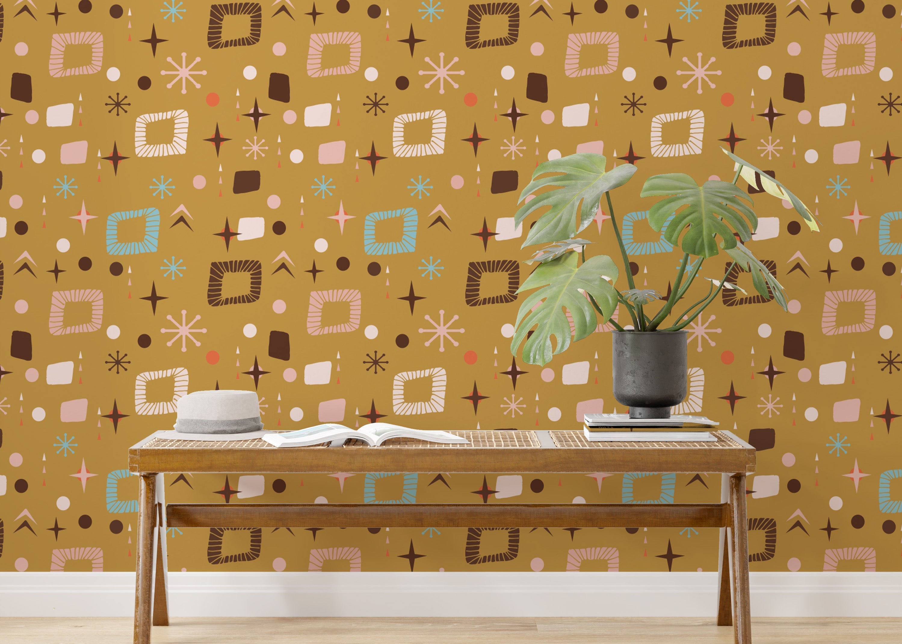 Stylish mid-century wallpaper with abstract art
