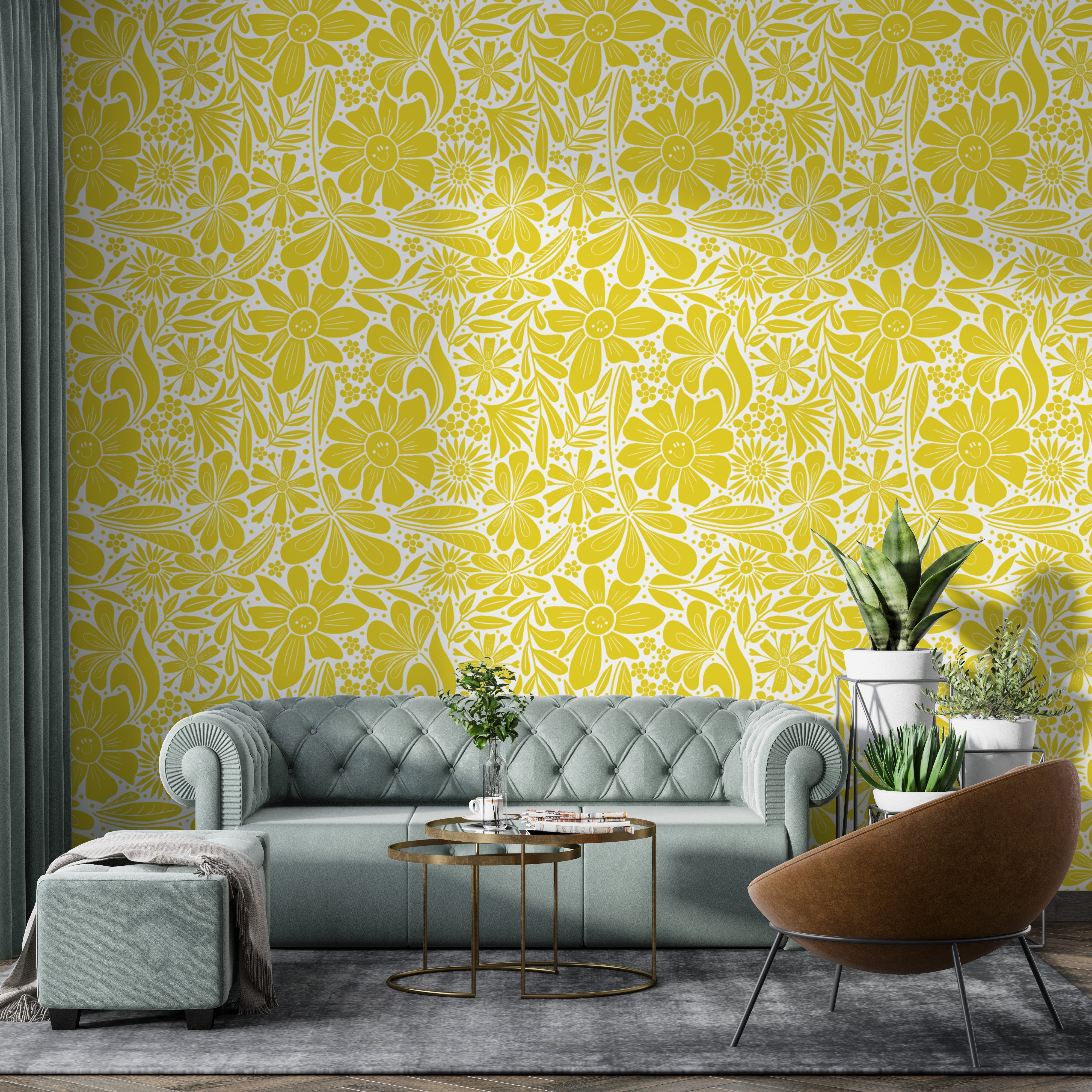 Stylish happy blooms wallpaper for warm yellow-themed interiors.
