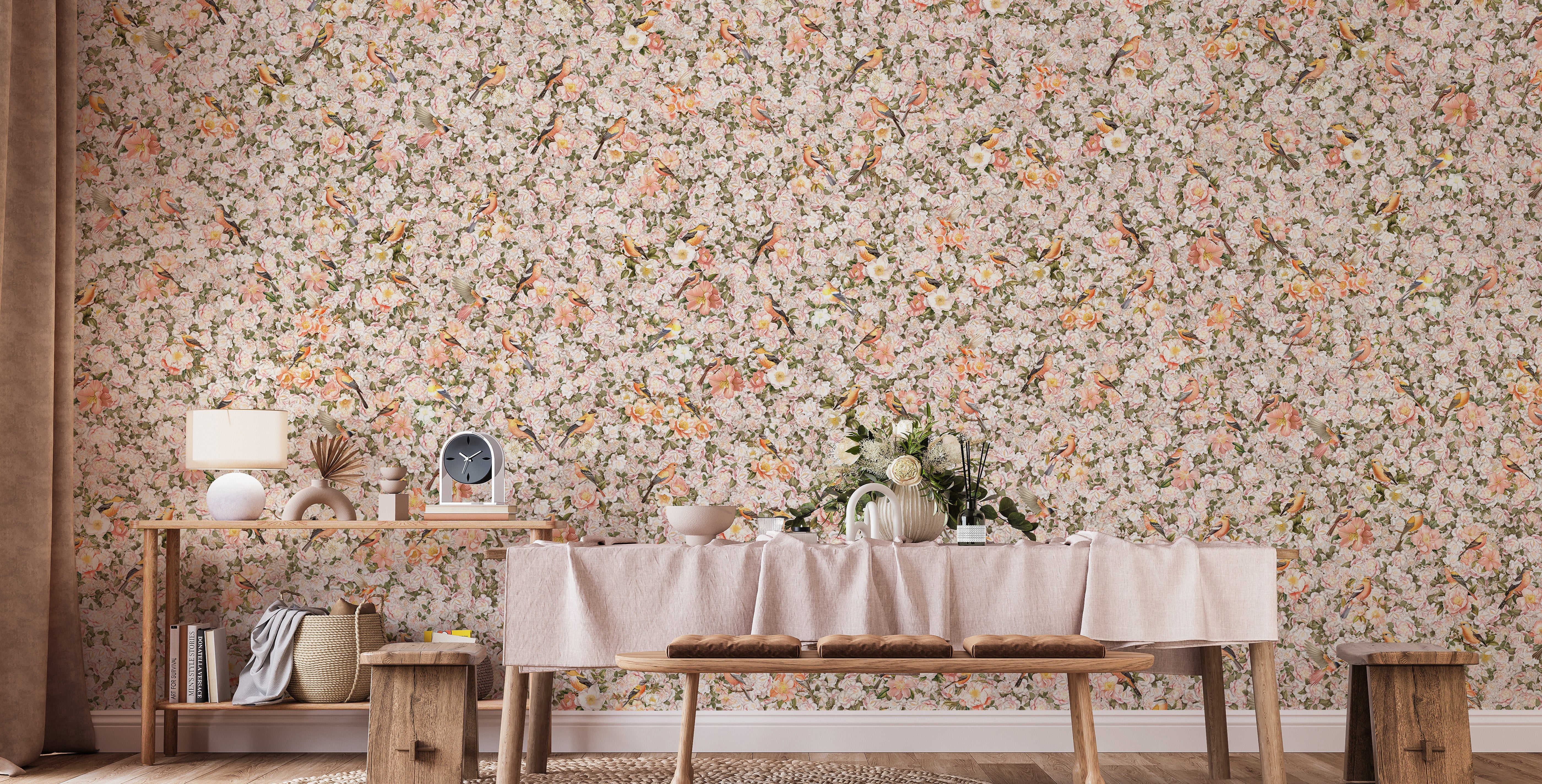 Birds and Florals Orange Color Wallpaper Mural - Giffywalls