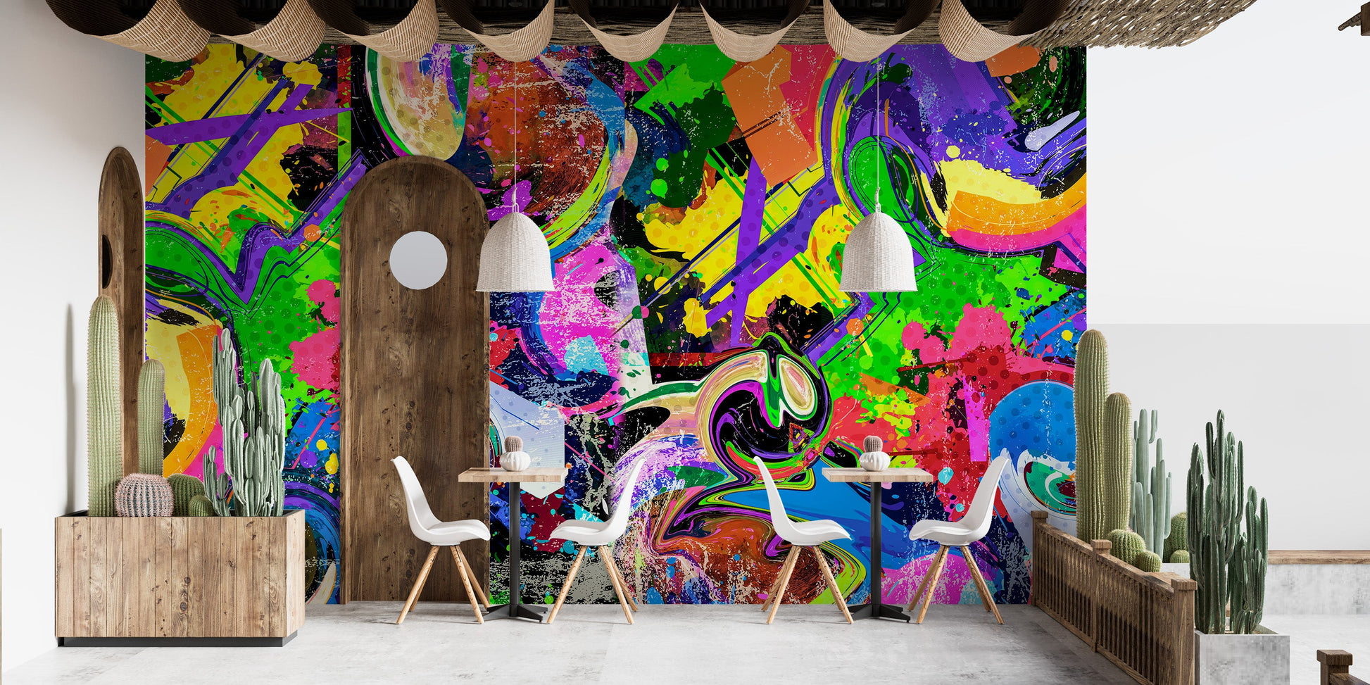 Dynamic graffiti splash wallpaper for contemporary interiors.