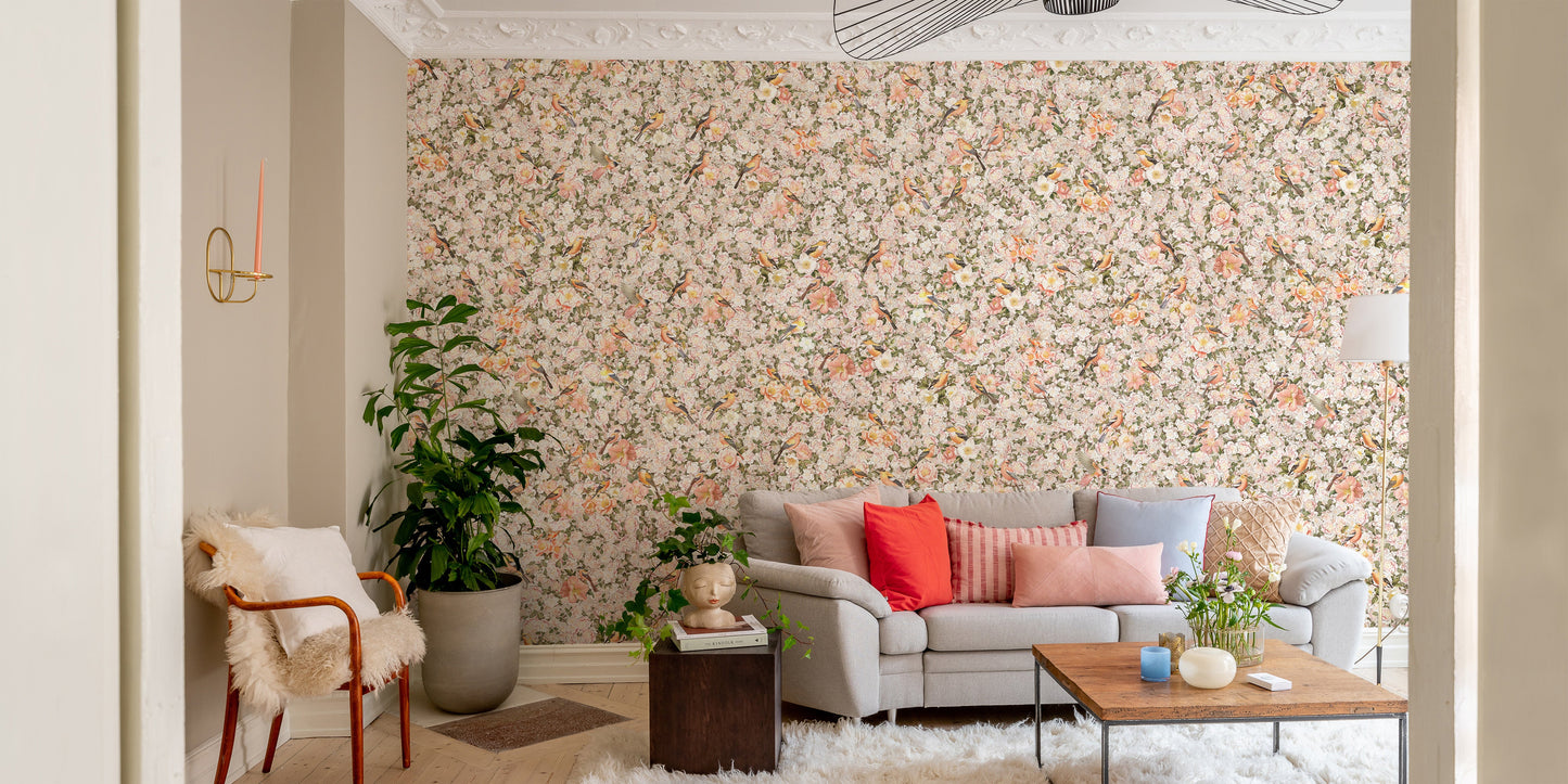 Birds and Florals Orange Color Wallpaper Mural - Giffywalls