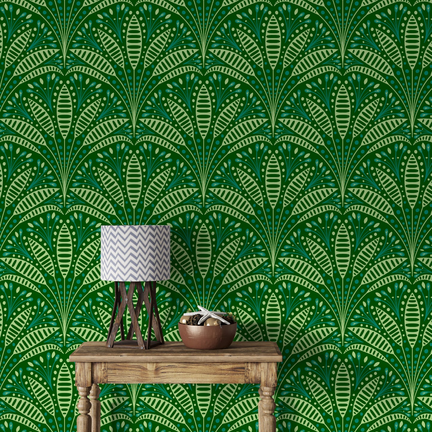 Stylish green palm wallpaper with geometric Art Deco elements.