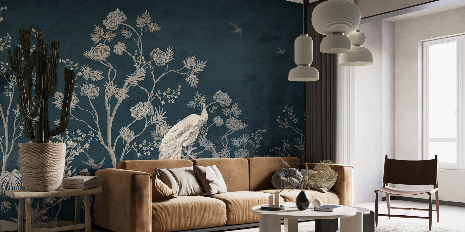 Artistic Natural Green & Blue Tropical Peacocks Wallpaper Mural - Giffywalls