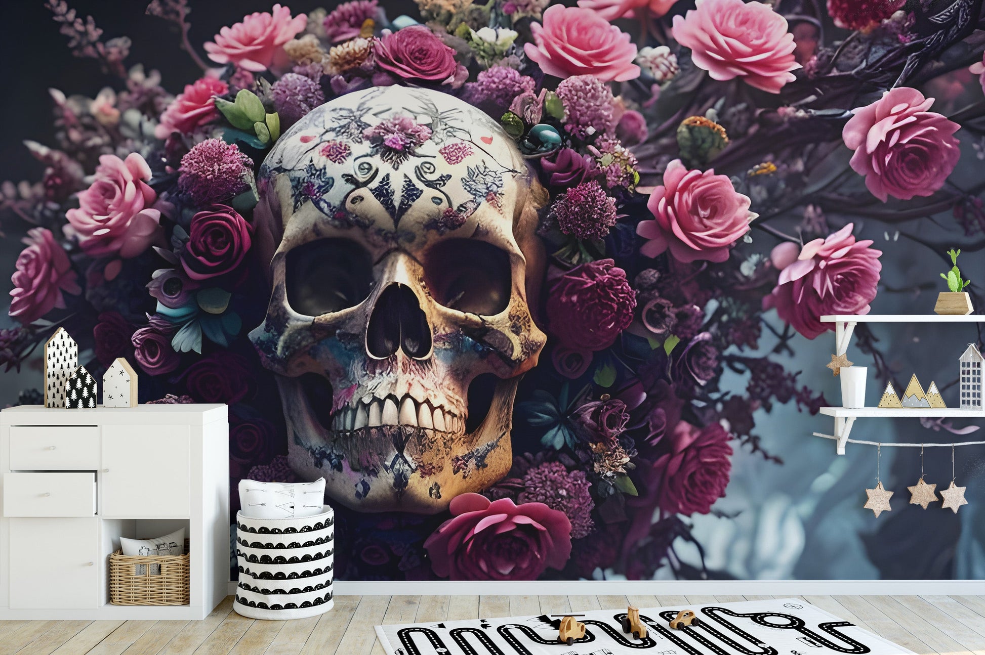 Gothic skull wallpaper with roses
