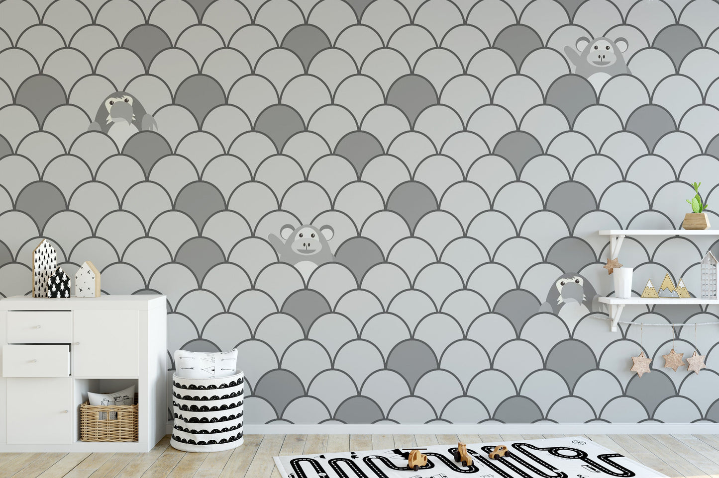 Fun animated motifs in Grey Color Kids Wallpaper Mural
