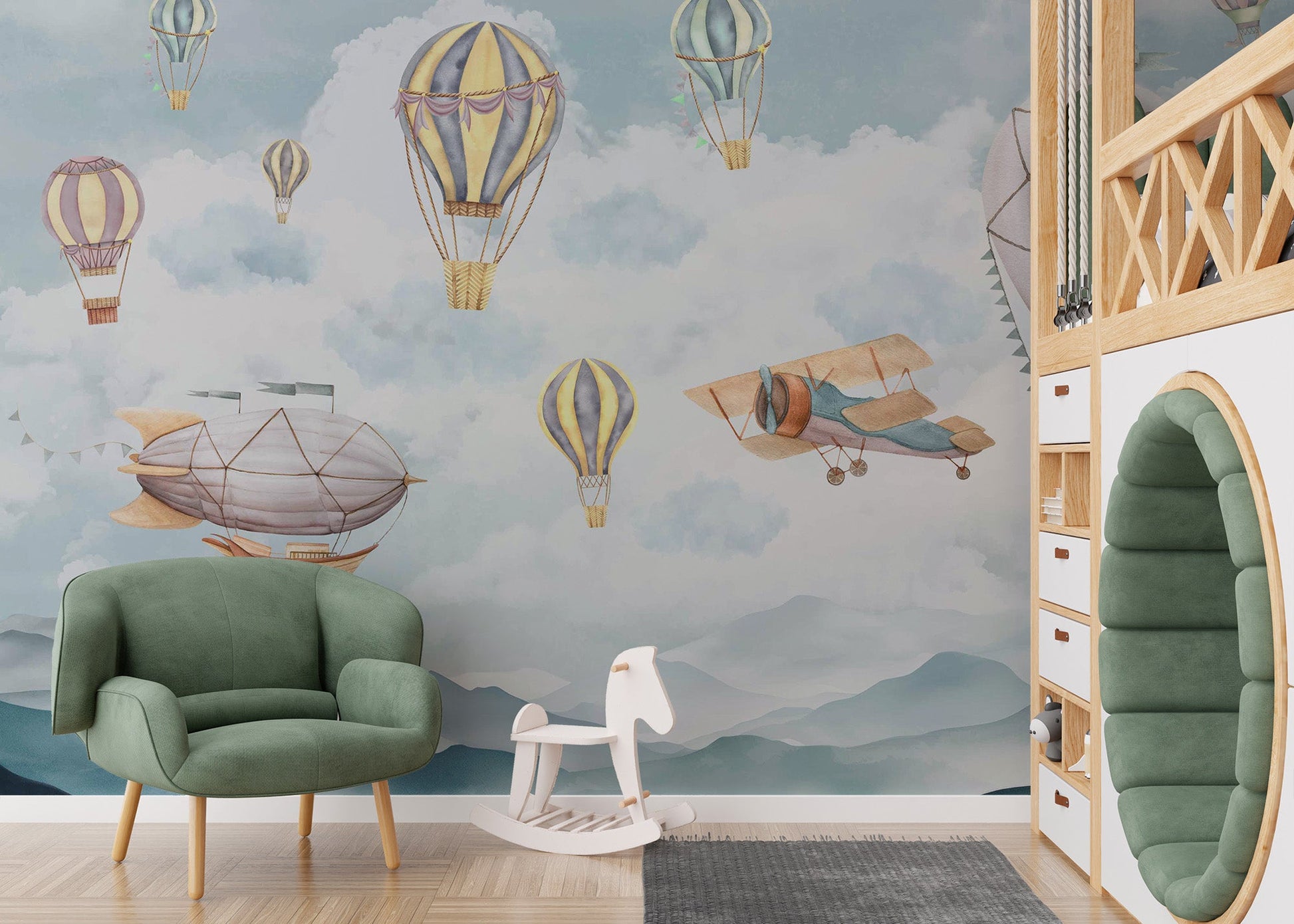 Airplane and airship mural for kids
