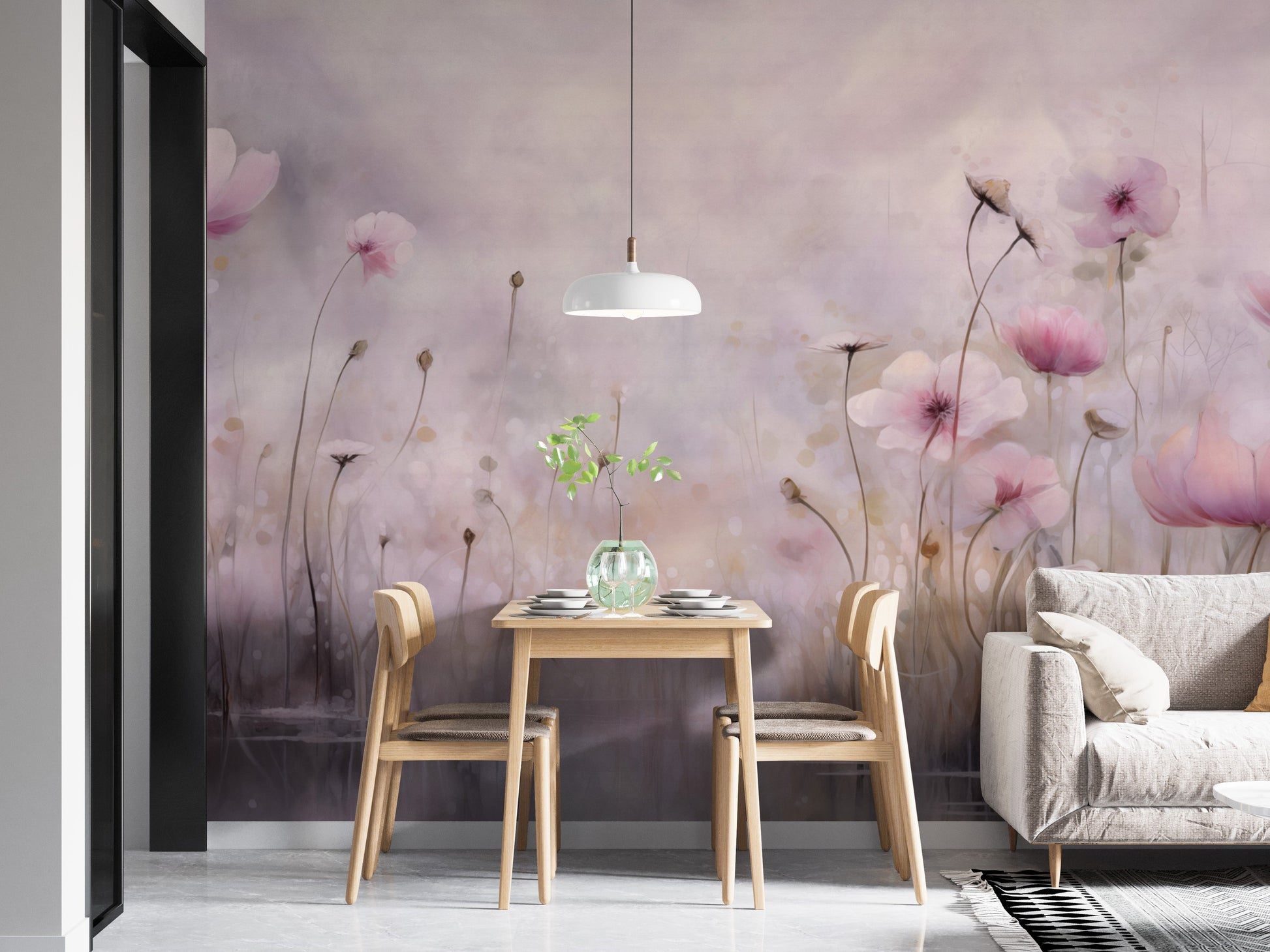 Delicate pink water poppies floral wallpaper for a calming ambiance.