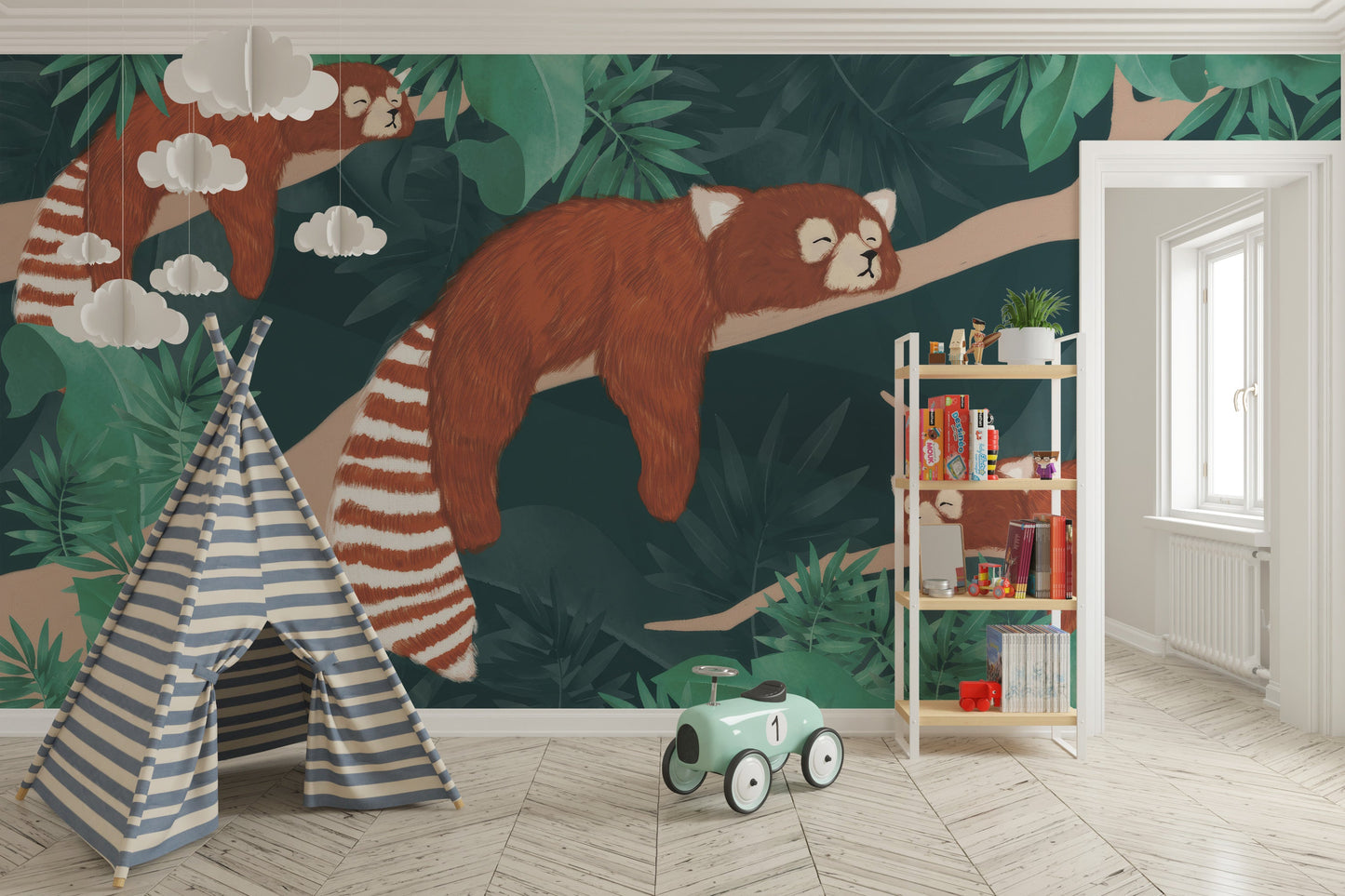 Red panda jungle mural for nursery walls
