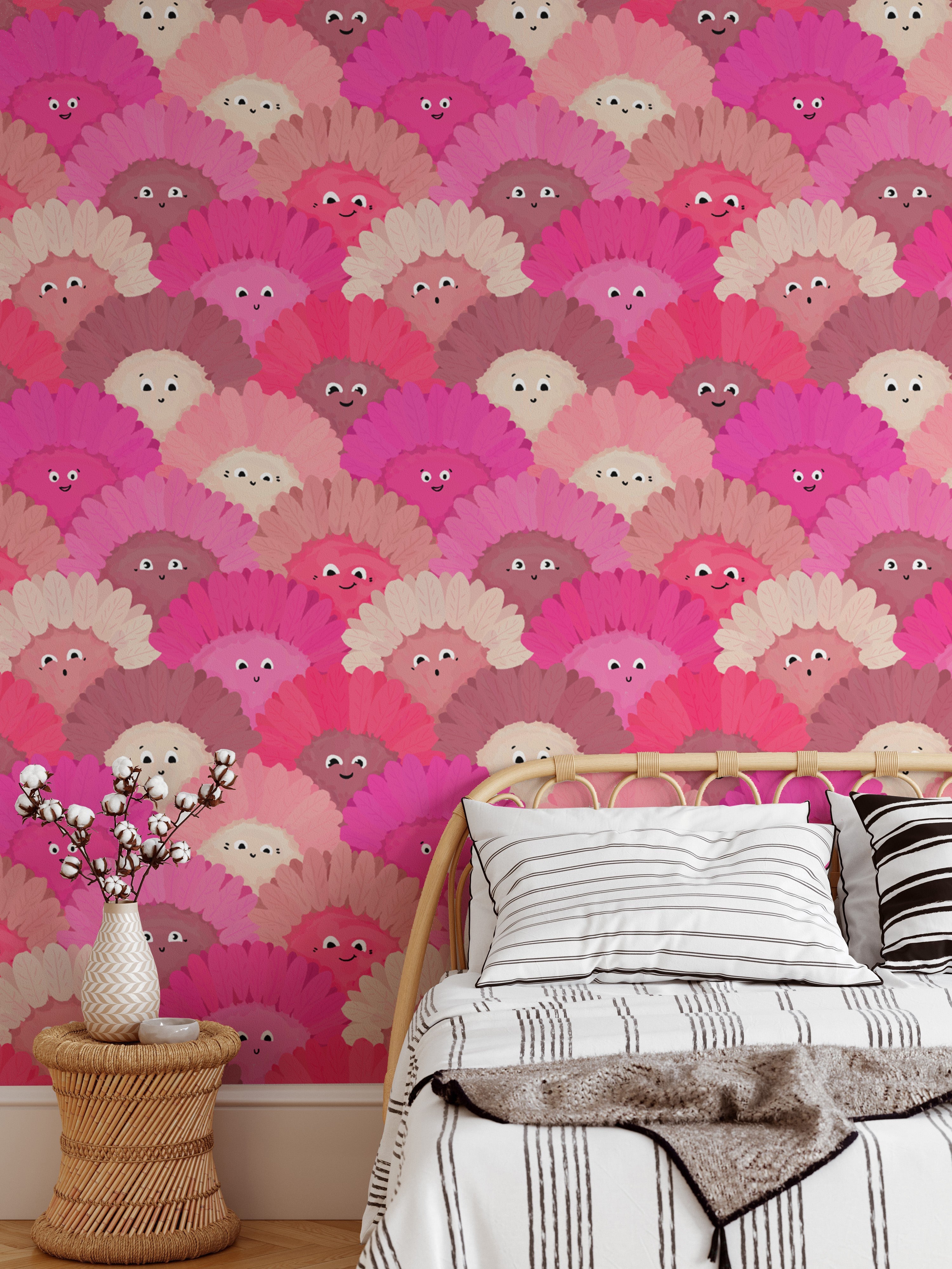 Charming pink flower faces wallpaper for kids' rooms or nurseries.
