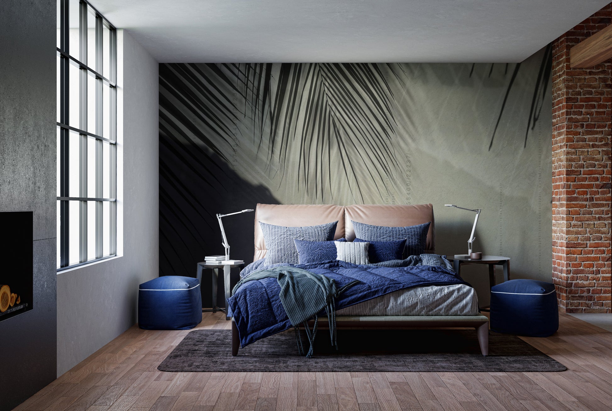 Tranquil palm leaf mural adds depth and texture to walls.
