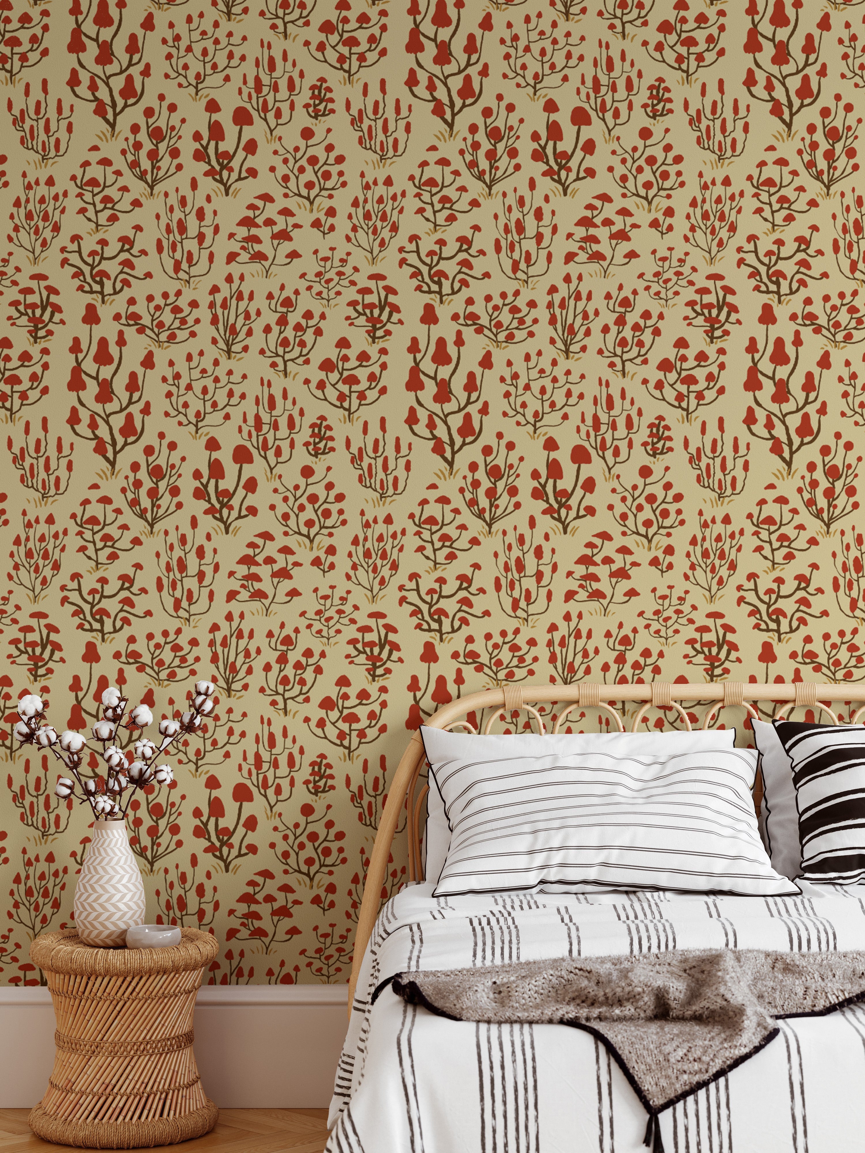 Vibrant red mushroom wallpaper with ditsy design for lively walls.
