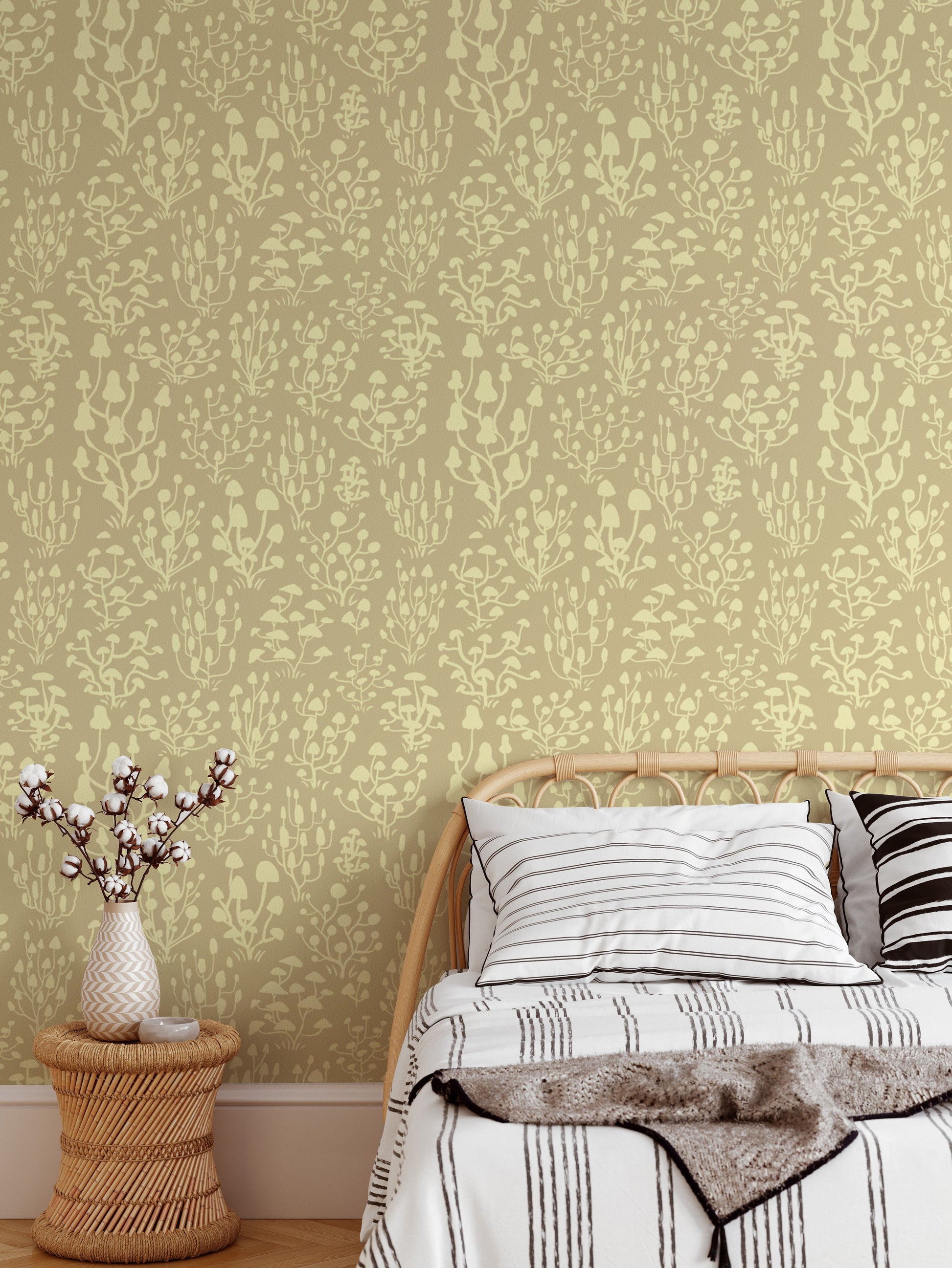 Nature-inspired yellow mushroom wallpaper with ditsy design.
