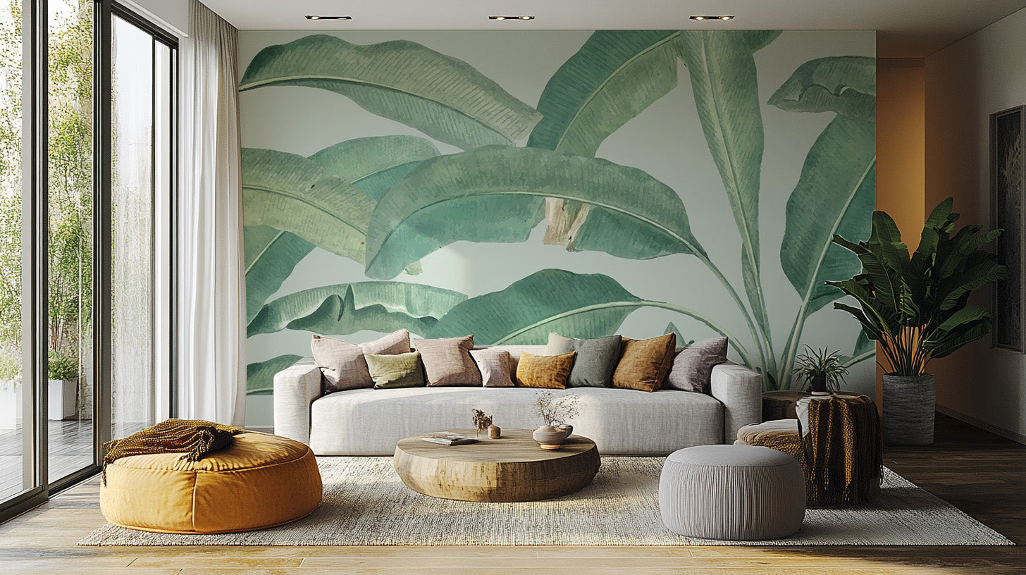 Lush banana leaf wallpaper with a tropical rainforest vibe.