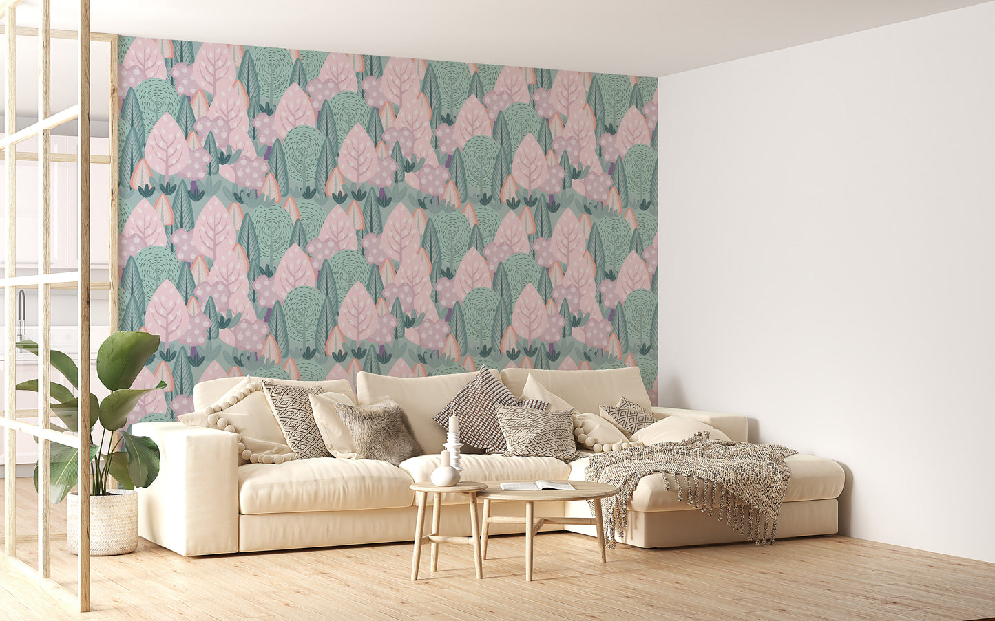 Serene forest-inspired Scandinavian mural
