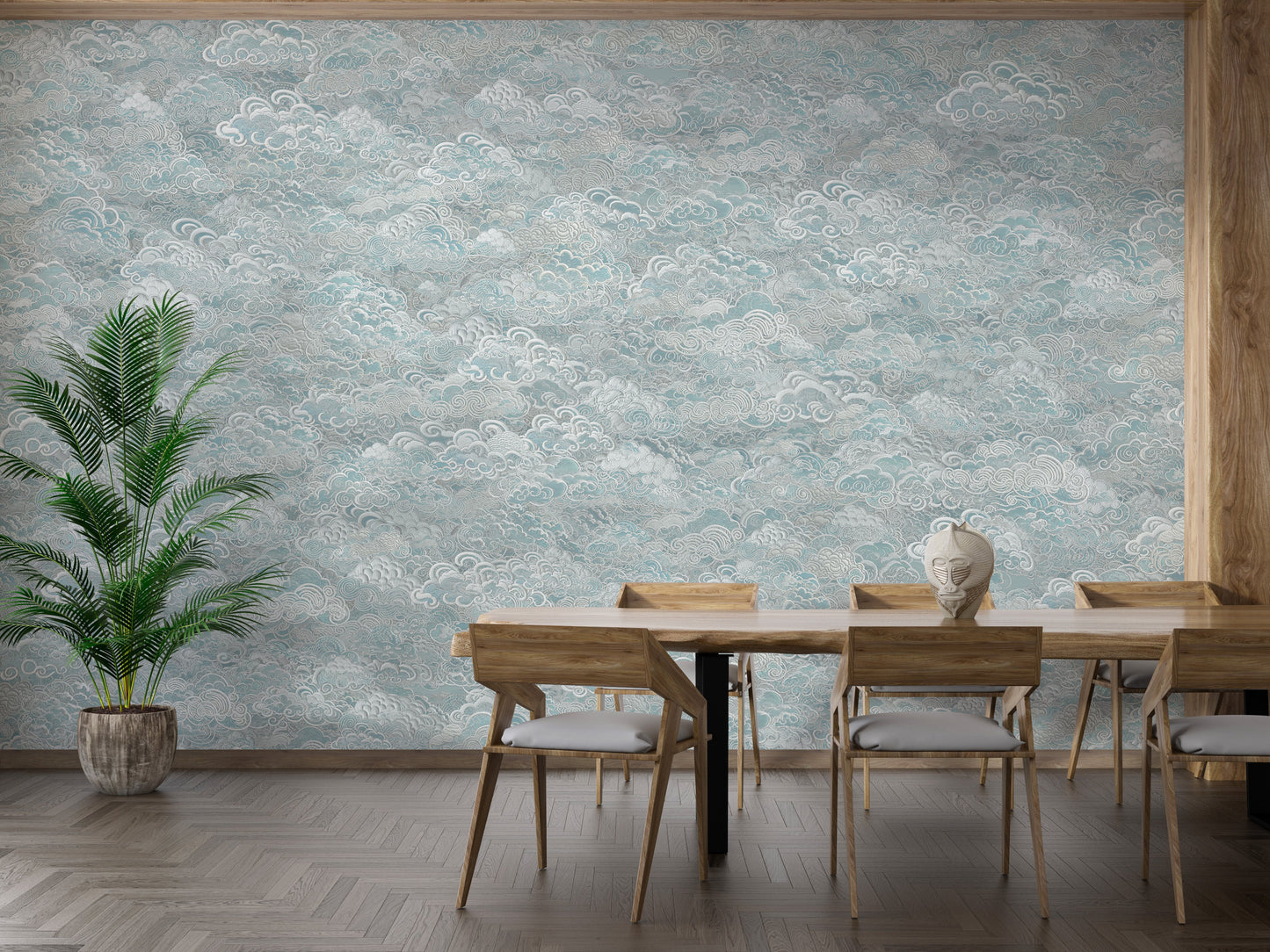 Whimsical white clouds on blue murals
