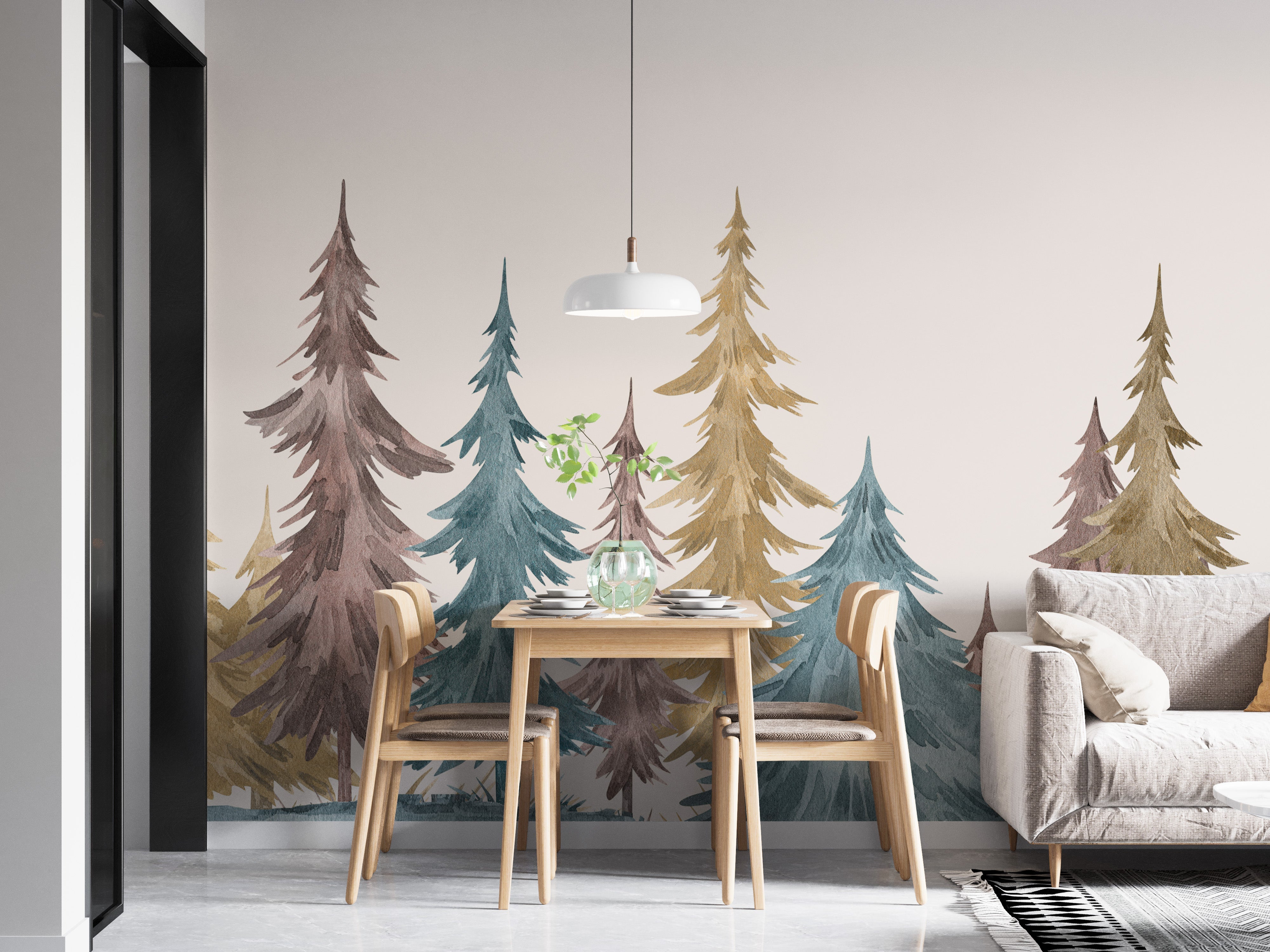 Elegant evergreen alpine mural for nature-inspired interiors.
