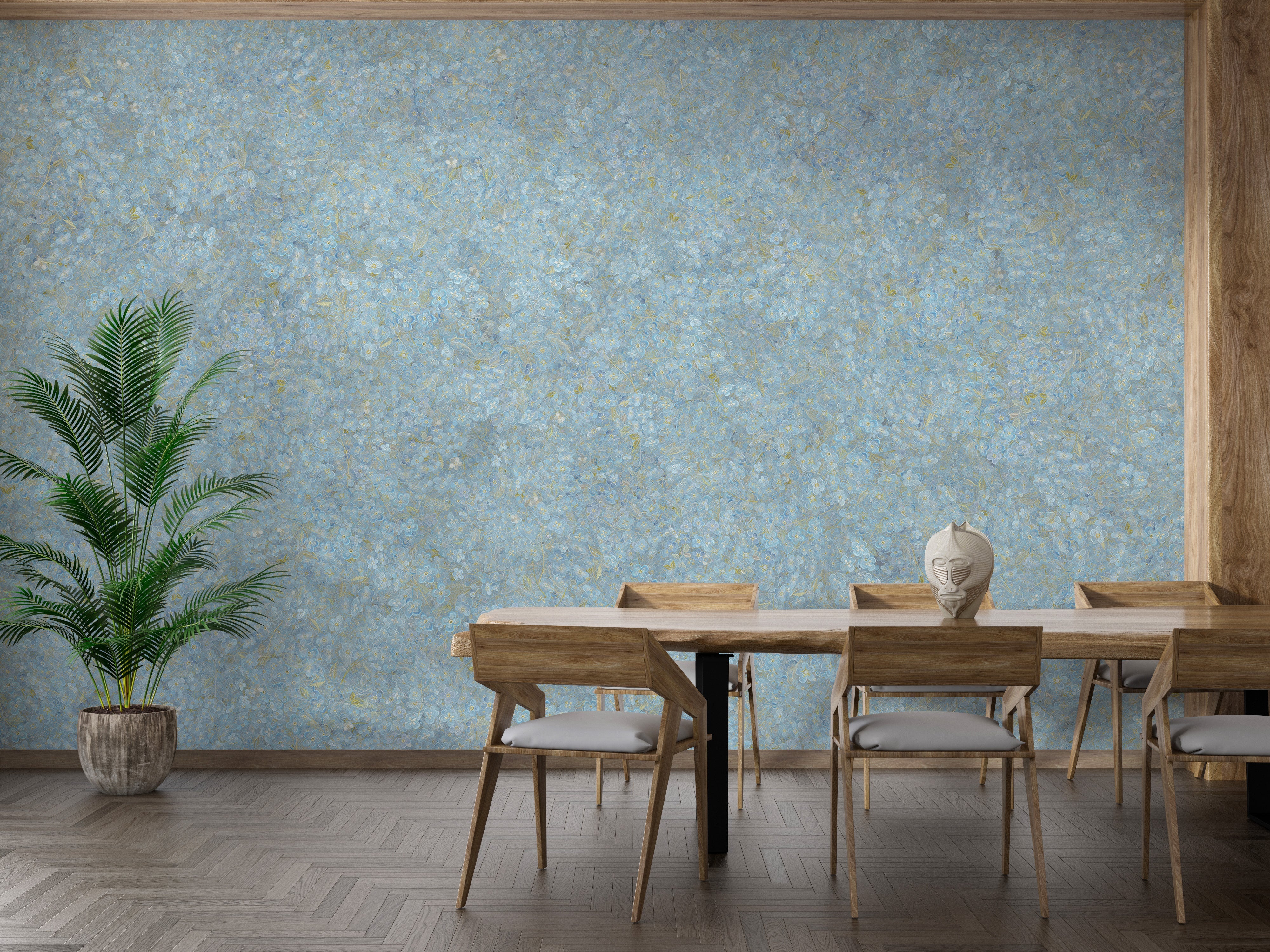 Soft Blue Floral Design Embroidery Wallpaper Murals - Giffywalls