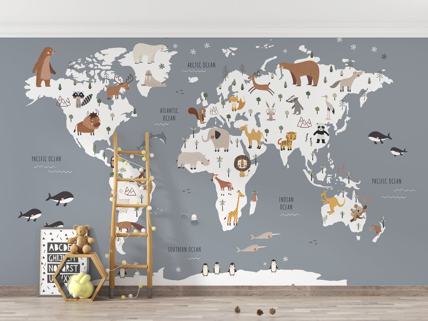 Grey world map wallpaper with cartoon animals
