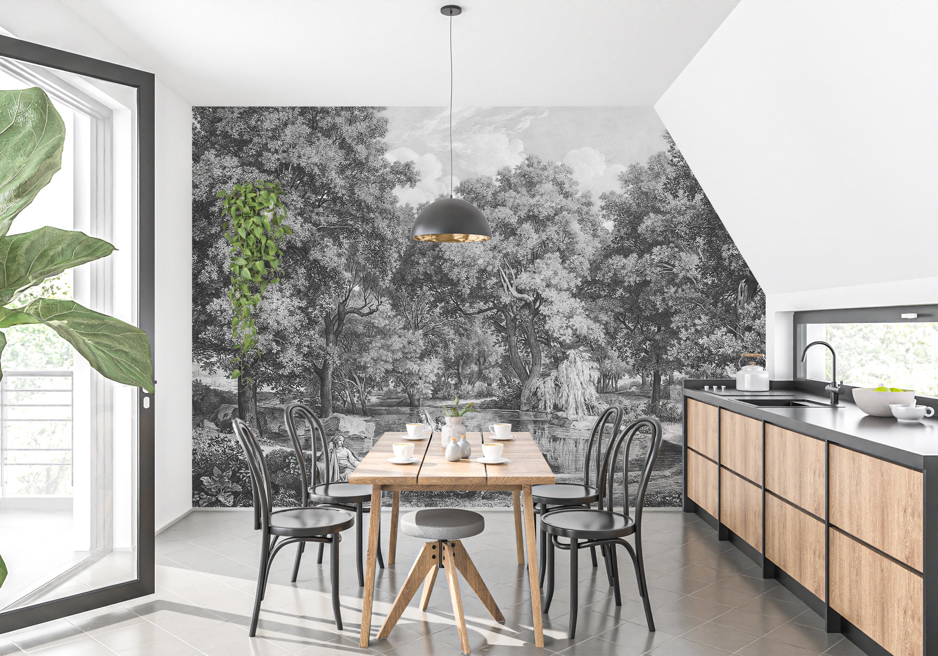 Black and White Lakeside Talk Wallpaper Mural - Giffywalls