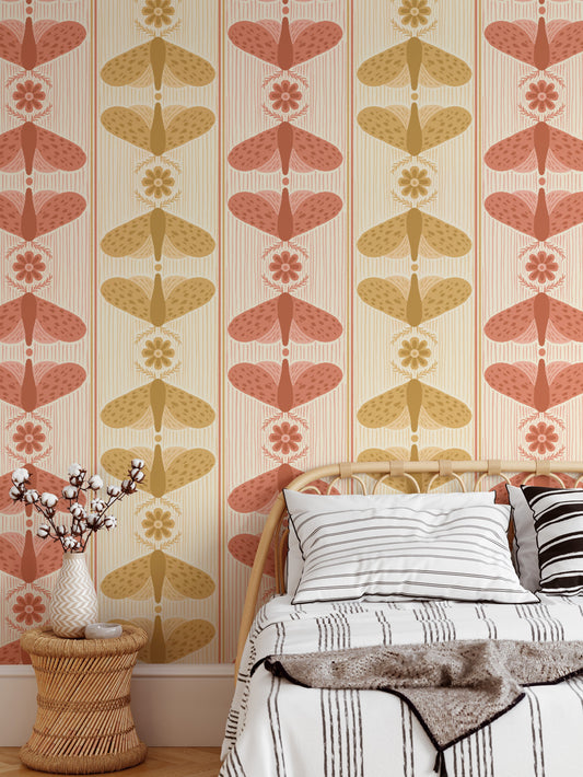 Elegant moth stripe wallpaper for chic and modern interiors.
