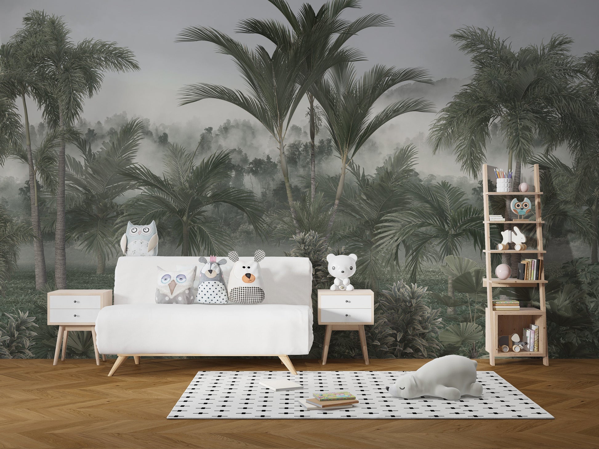 Forest wallpaper mural with light and dark green tones